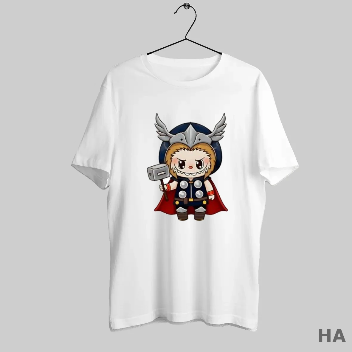 Official Labubu Wearing Thor God Of Thunder Costume Holding Hammer Cute T Shirt
