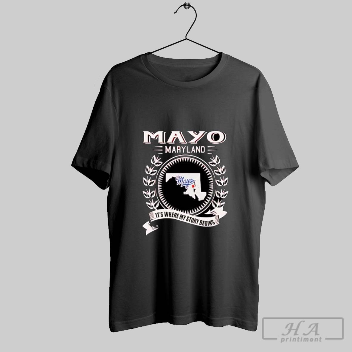 Official Mayo Maryland Its Where My Story Begins Location Graphic Posters Black Tee Shirt