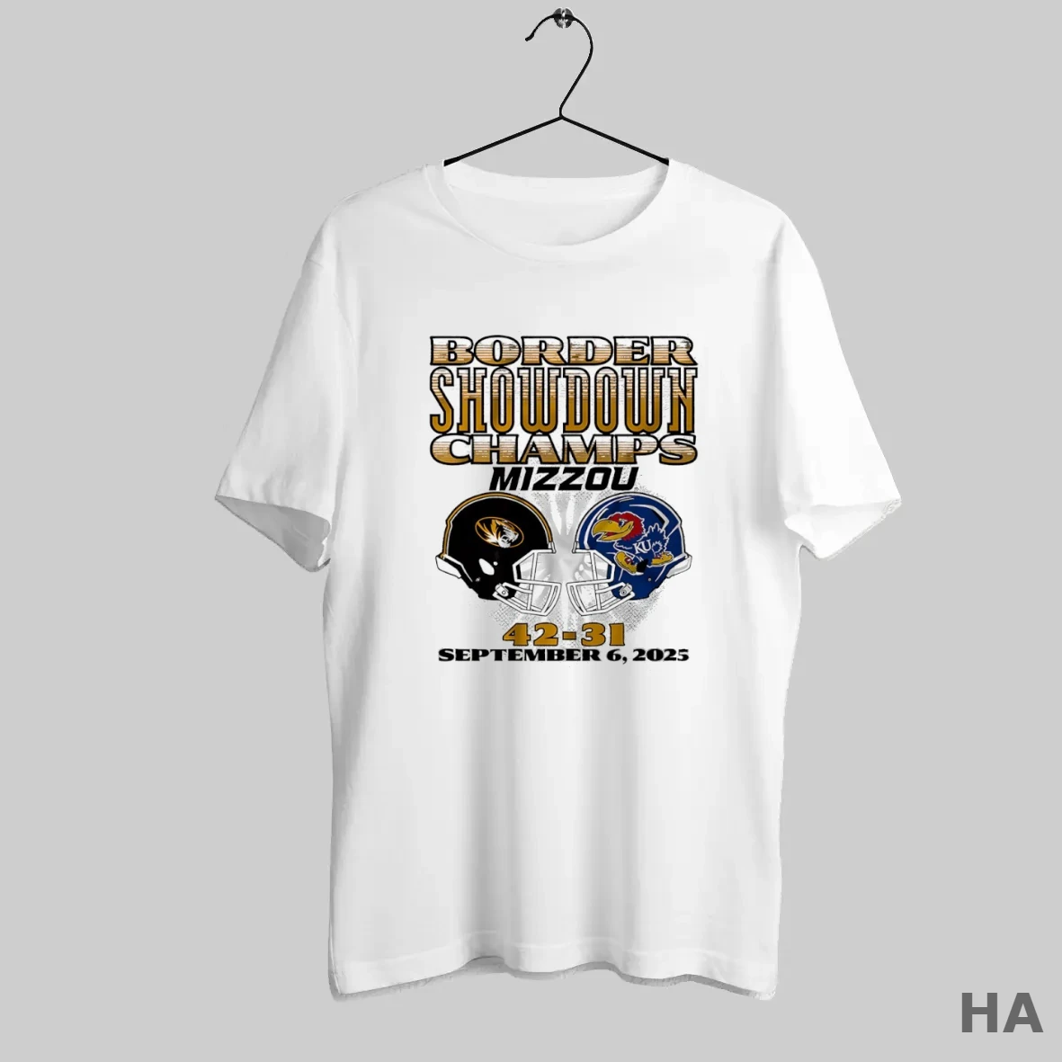 Official Missouri Tiger Vs Kansas Jayhawks 42 31 Border Showdown Champs Head To Head T Shirt