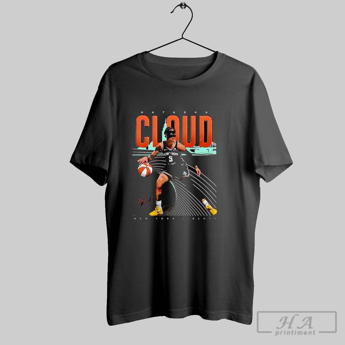 Official Natasha Cloud Face Mask Dribbling New York Liberty Tee Shirt
