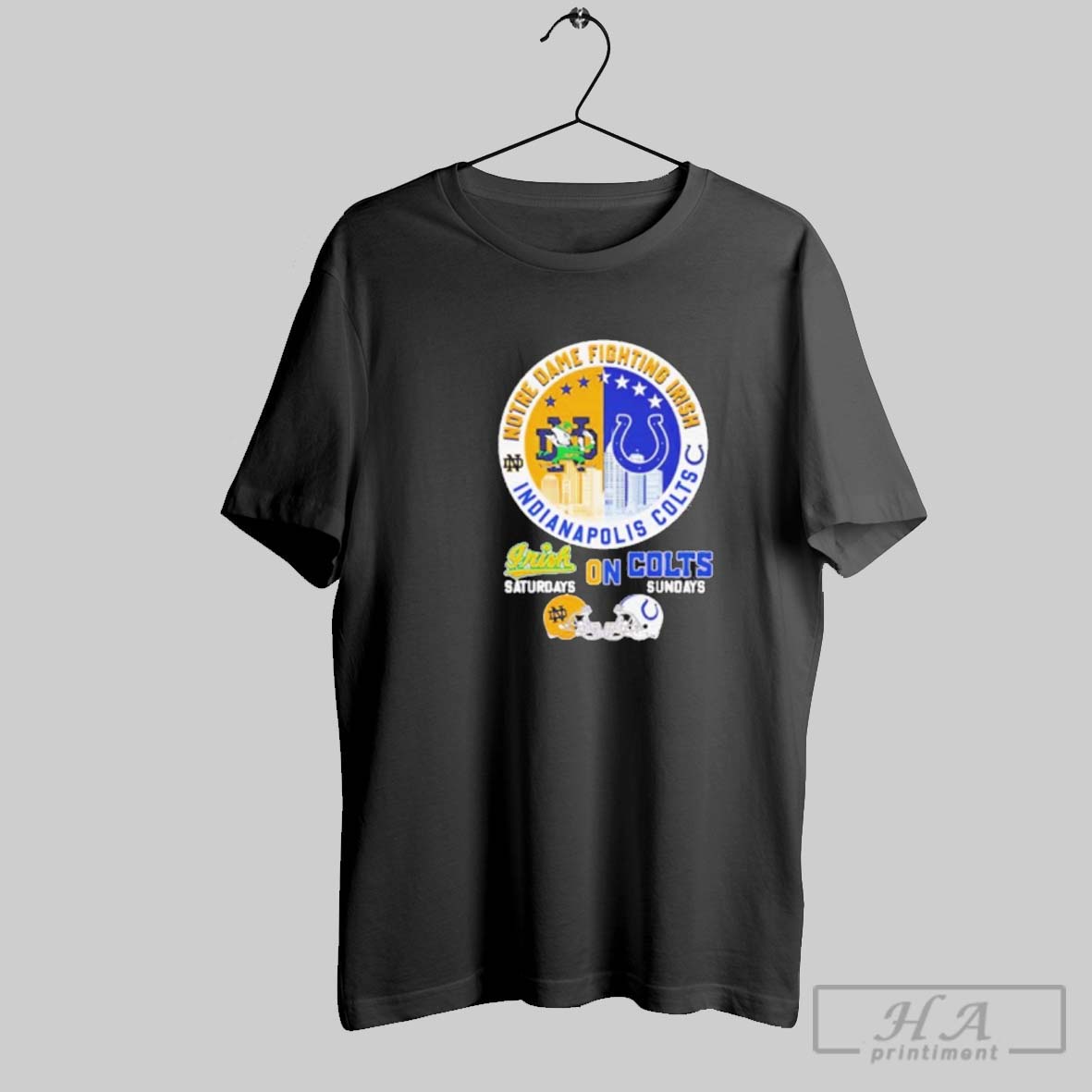 Official Notre Dame Fighting Irish Saturdays And Indianapolis Colts Sundays Match Day Football Logo Tee Shirt