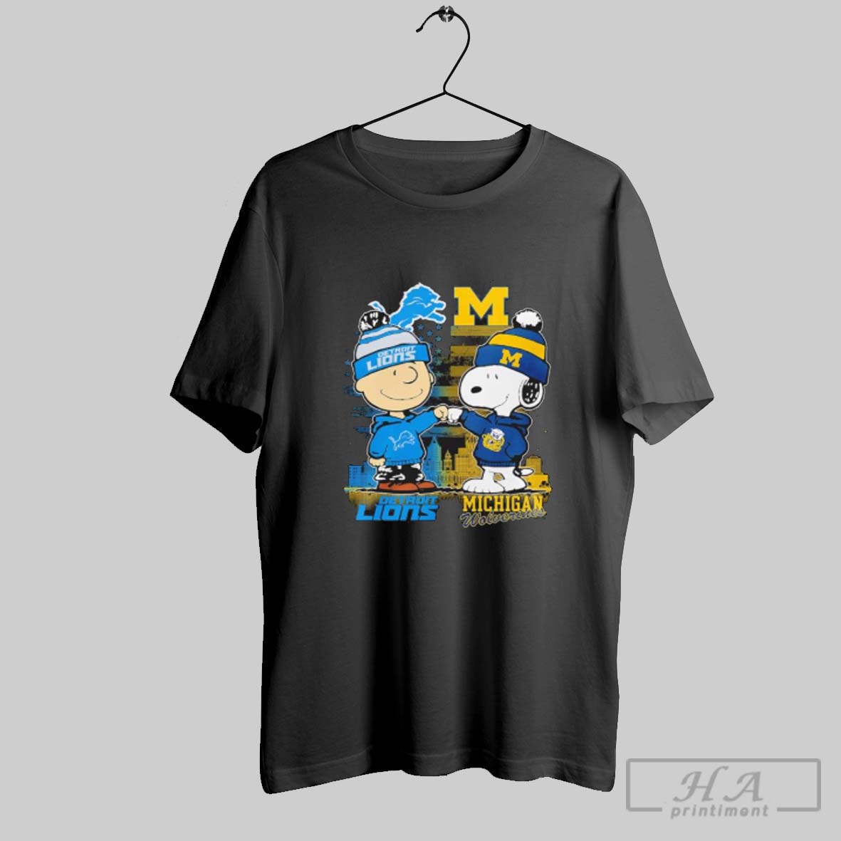 Official Peanuts Snoopy Fist Bump Charlie Brown Detroit Lions And Michigan Wolverines Tee Shirt