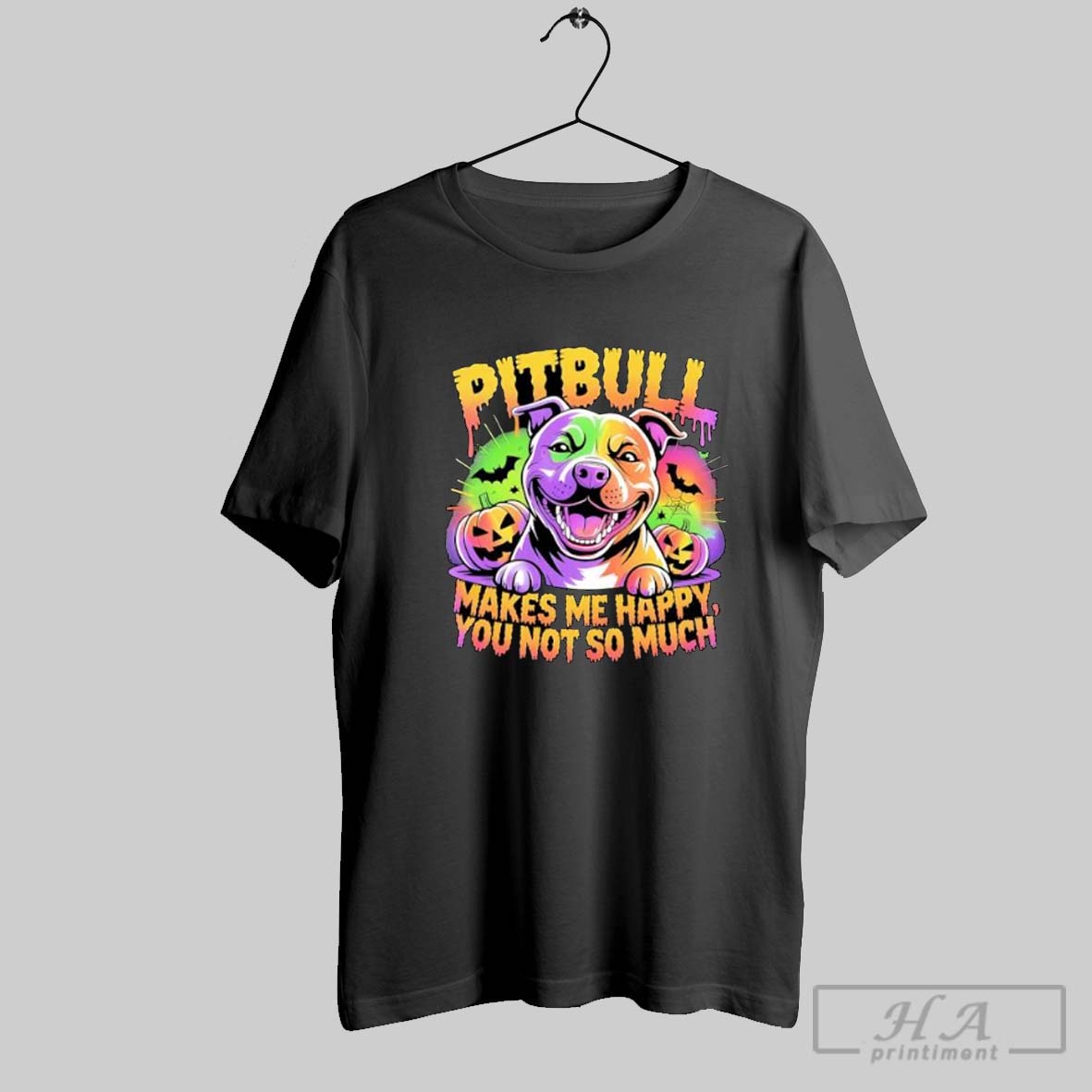 Official Pitbull Makes Me Happy You Not So Much Halloween Dog Graphic Posters Black Tee Shirt