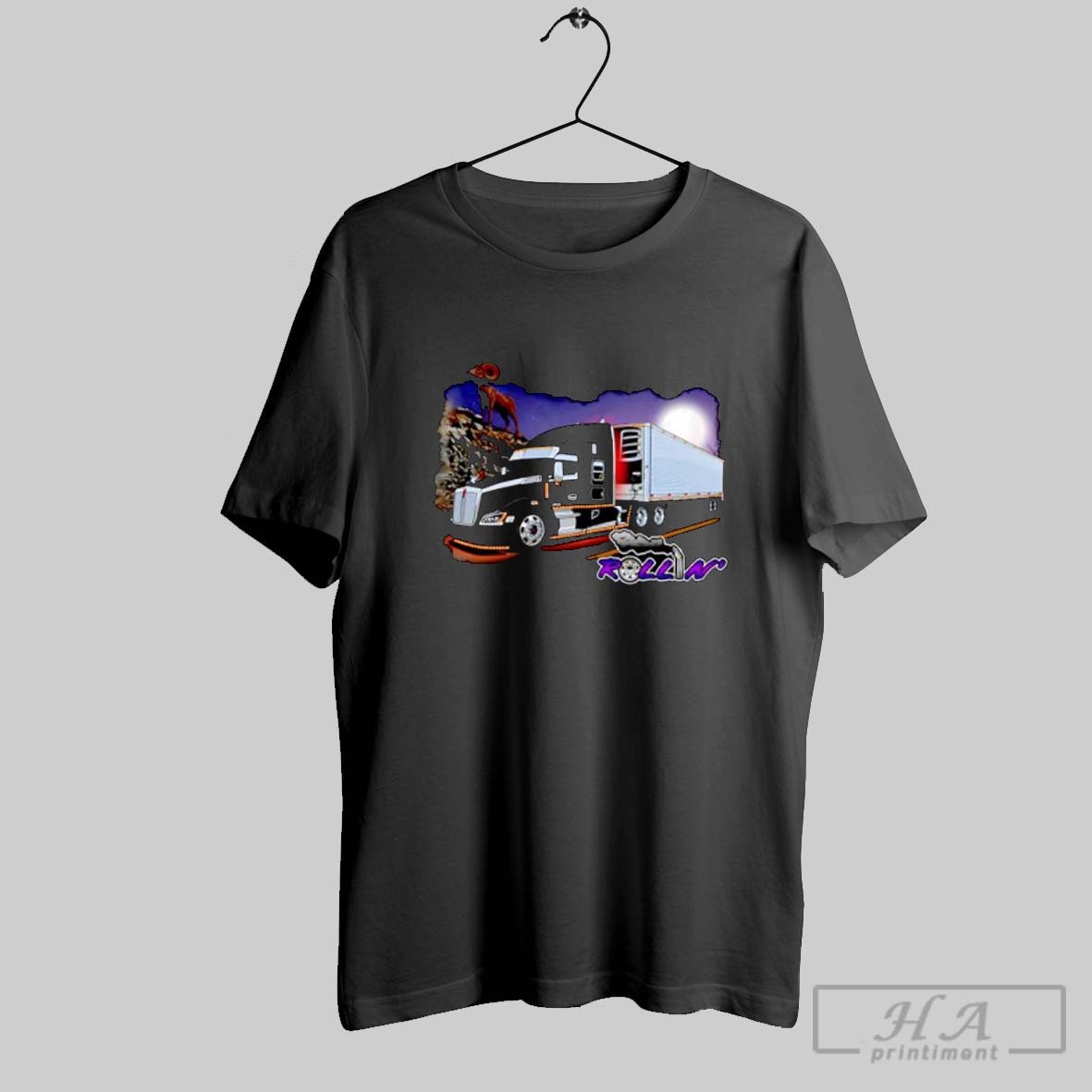Official Rollin Black Truck Under Moonlight With A Big Horn Ram Posters Black Shirt