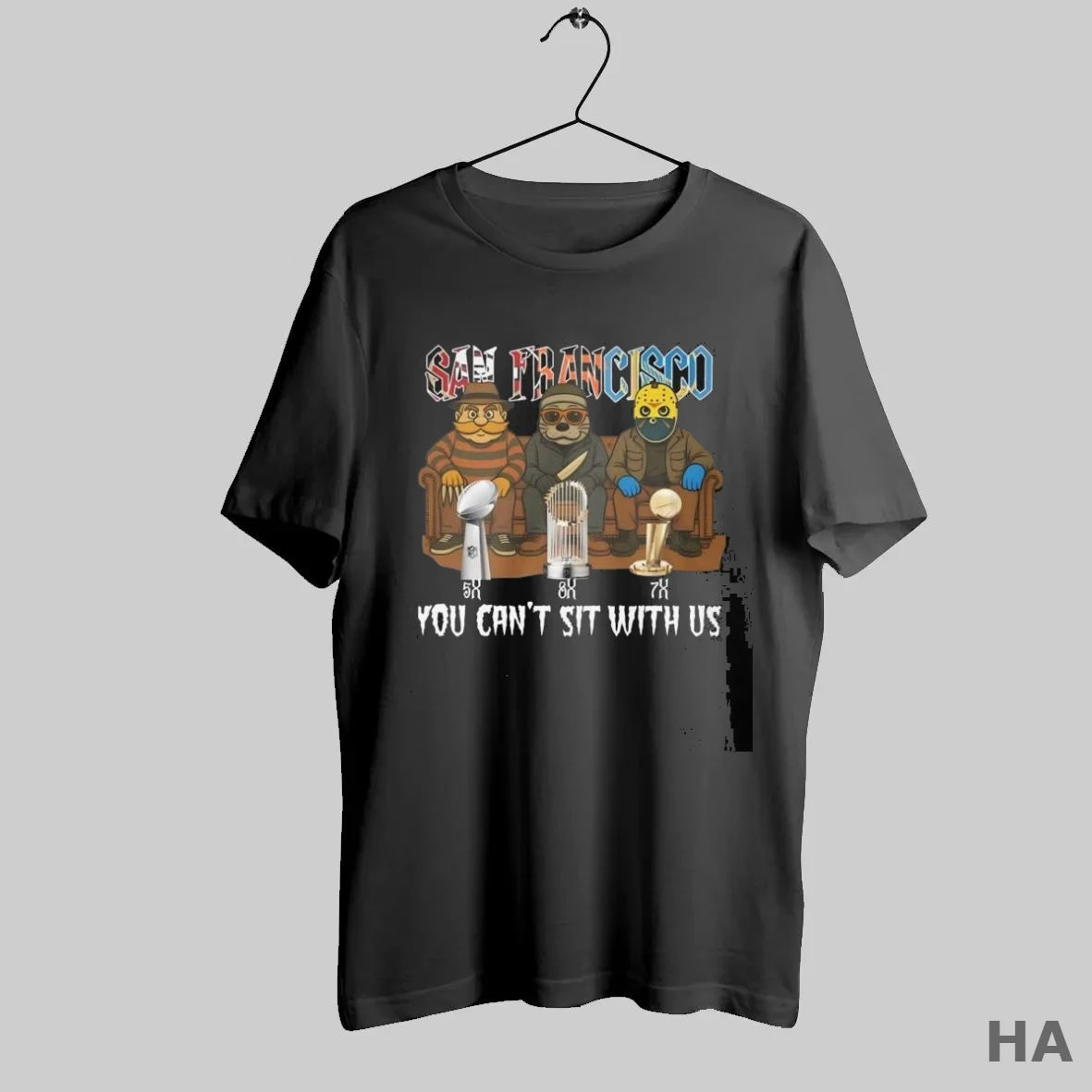 Official San Francisco Sports 49ers Giants And Warriors Mascots Halloween You Cant Sit With Us T Shirt