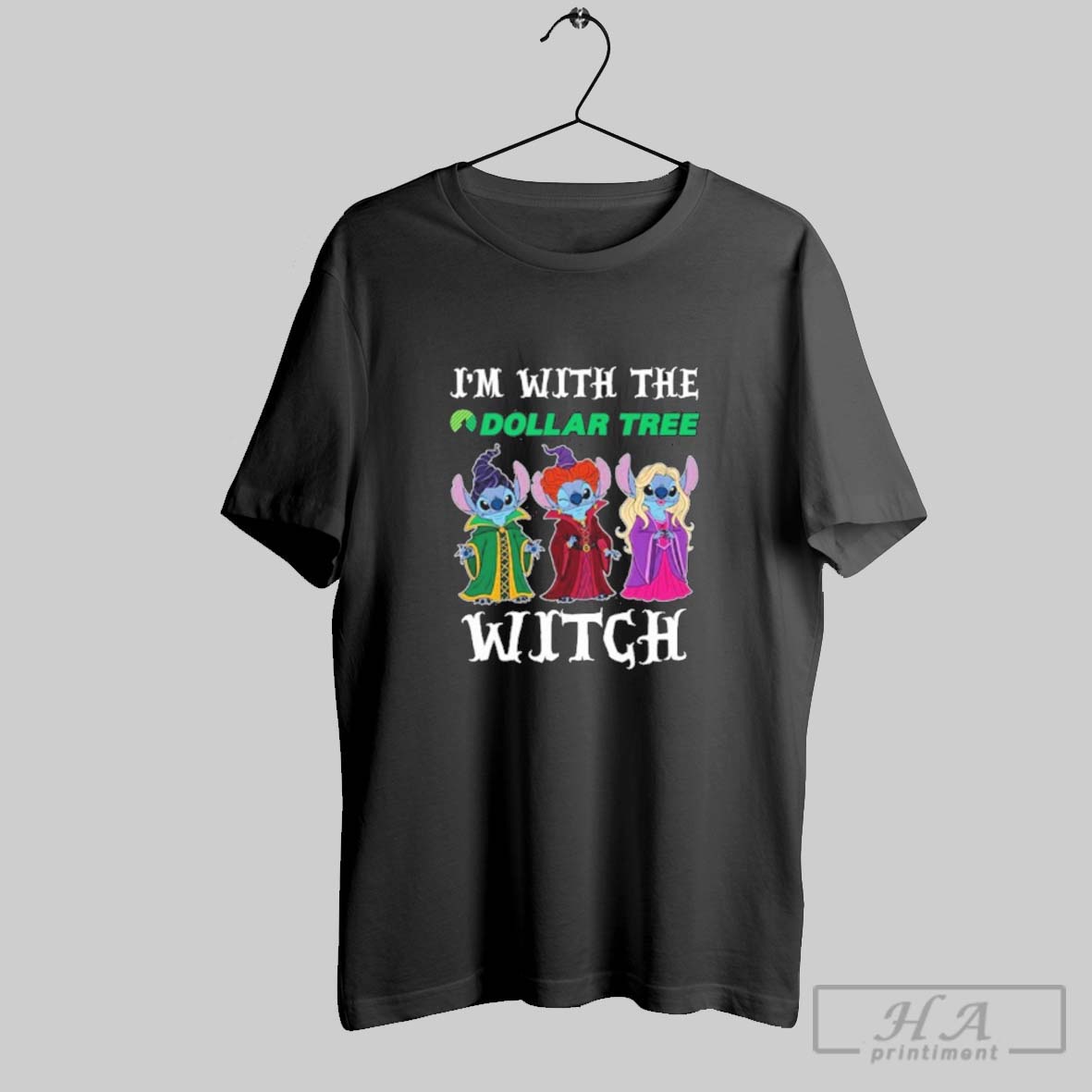 Official Stitch X Sanderson Sisters Im With The Dollar Tree Logo Witch Halloween Tee Shirt
