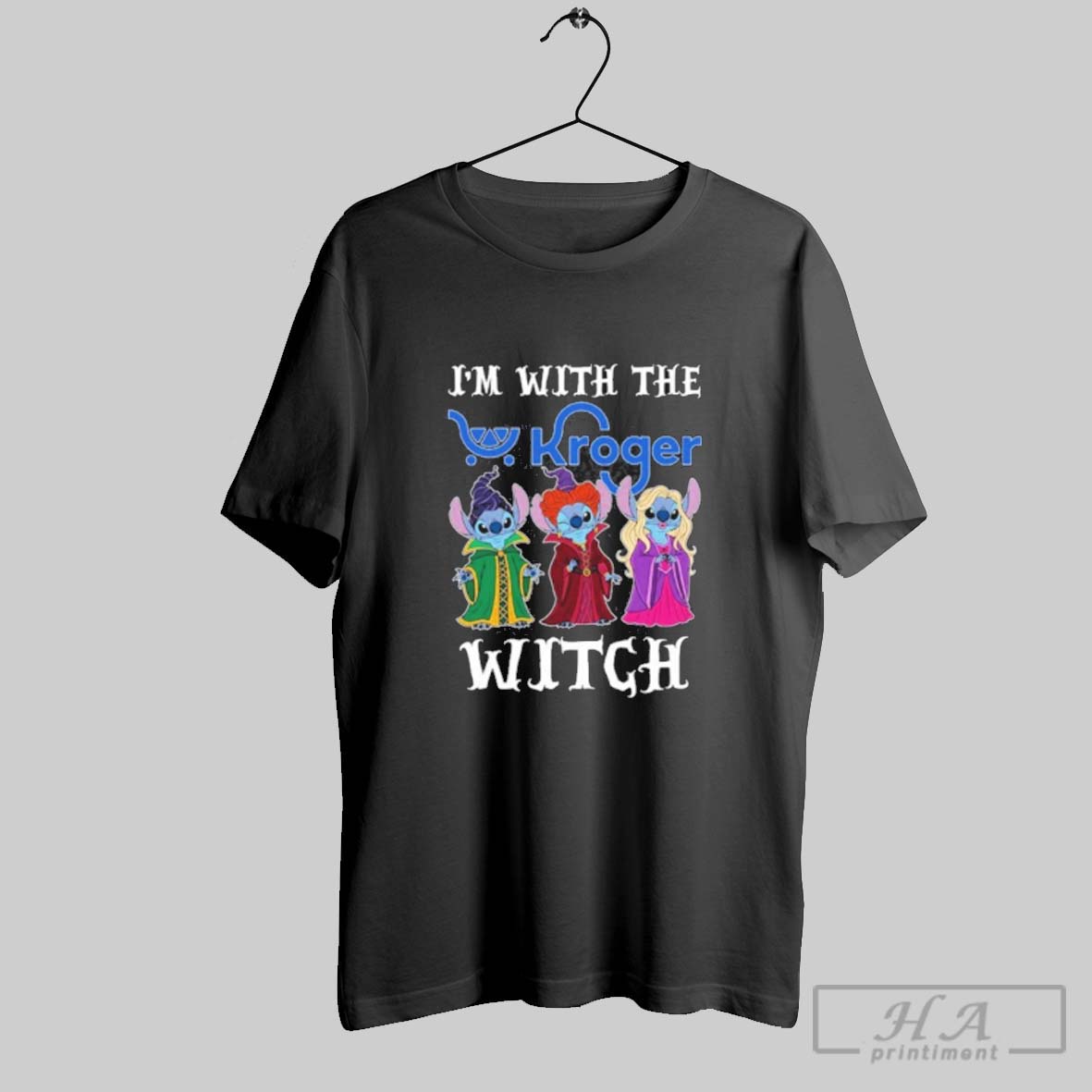 Official Stitch X Sanderson Sisters Im With The Kroger Logo Witch Halloween Tee Shirt