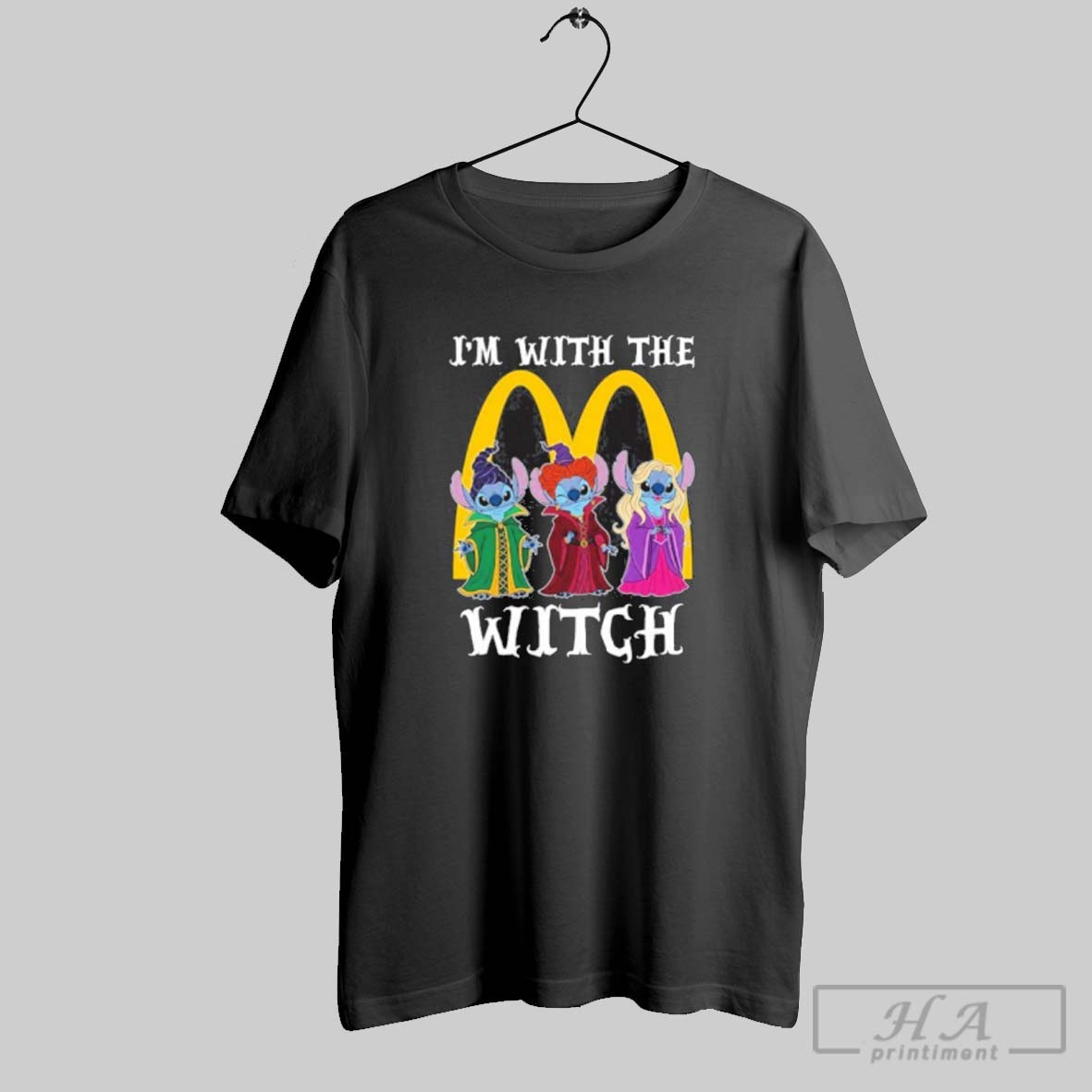 Official Stitch X Sanderson Sisters Im With The Mcdonalds Logo Witch Halloween Tee Shirt