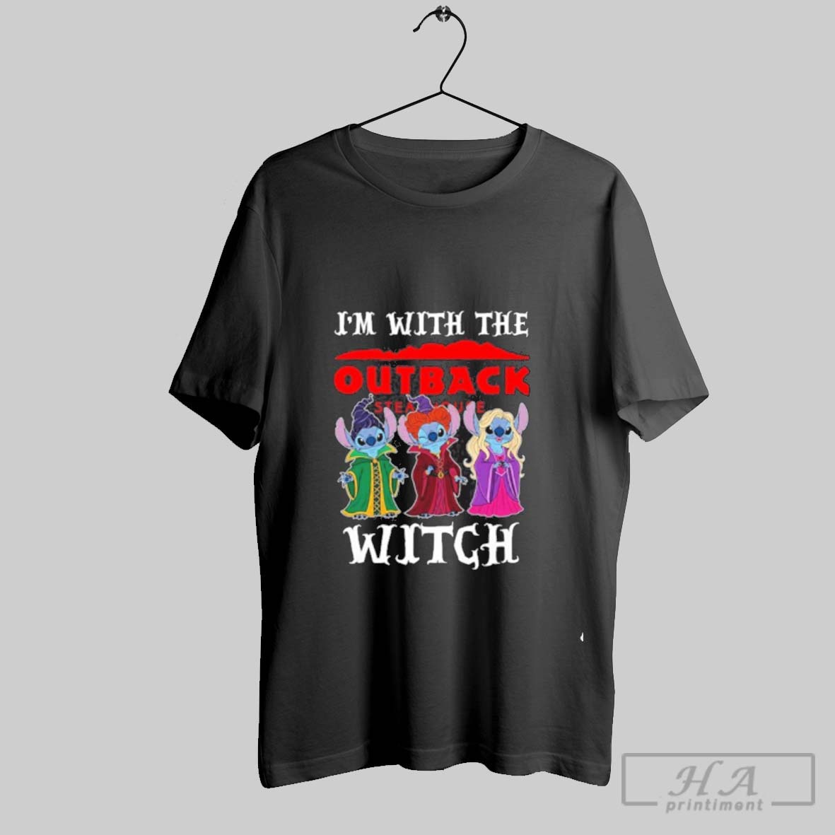 Official Stitch X Sanderson Sisters Im With The Outback Steakhouse Logo Witch Halloween Tee Shirt