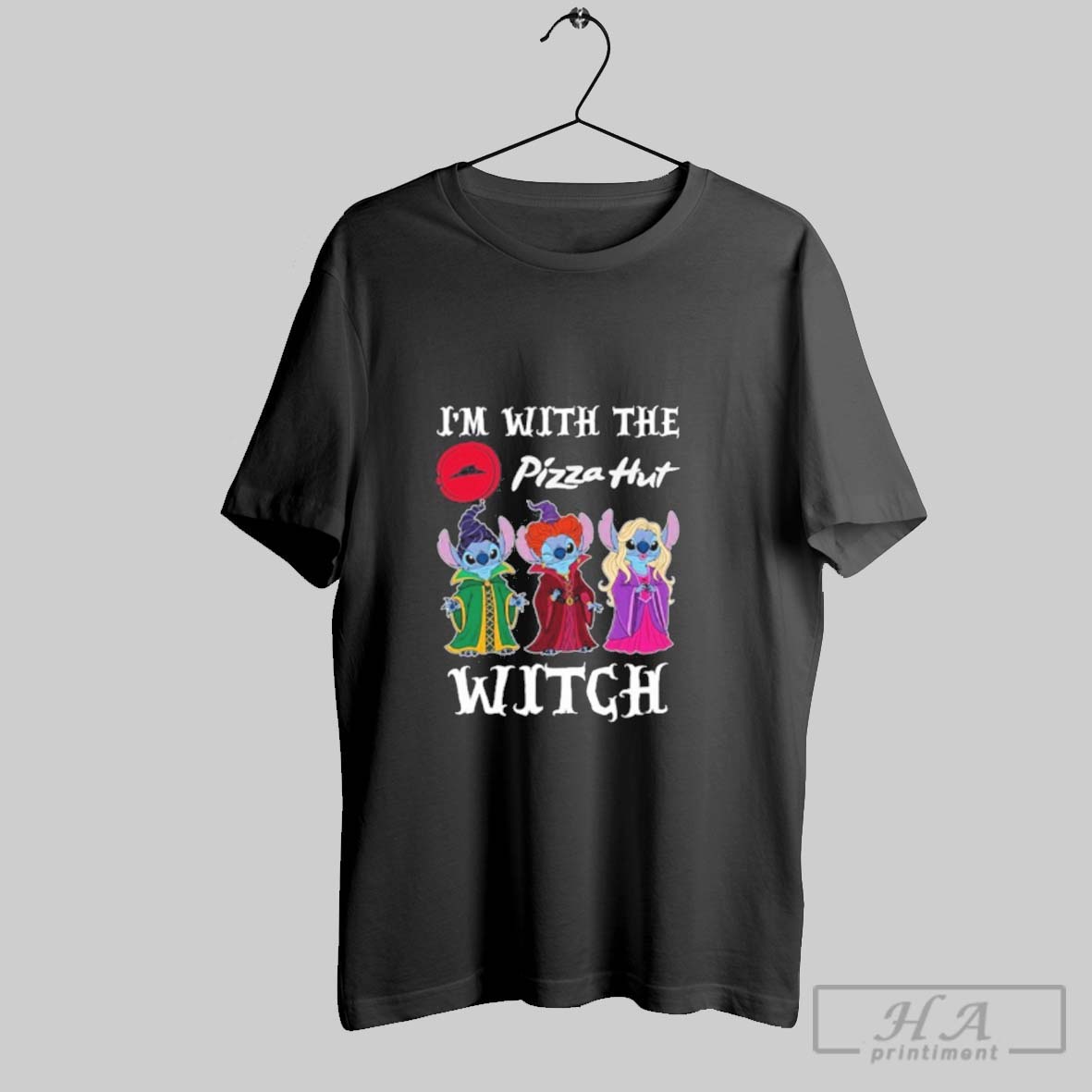 Official Stitch X Sanderson Sisters Im With The Pizza Hut Logo Witch Halloween Tee Shirt