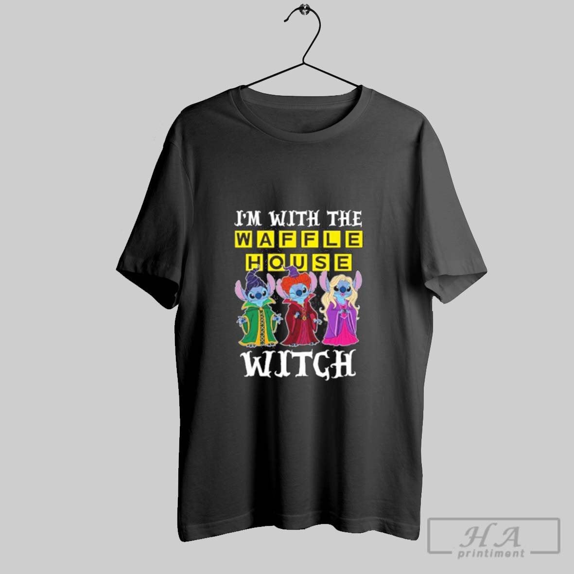 Official Stitch X Sanderson Sisters Im With The Waffle House Logo Witch Halloween Tee Shirt