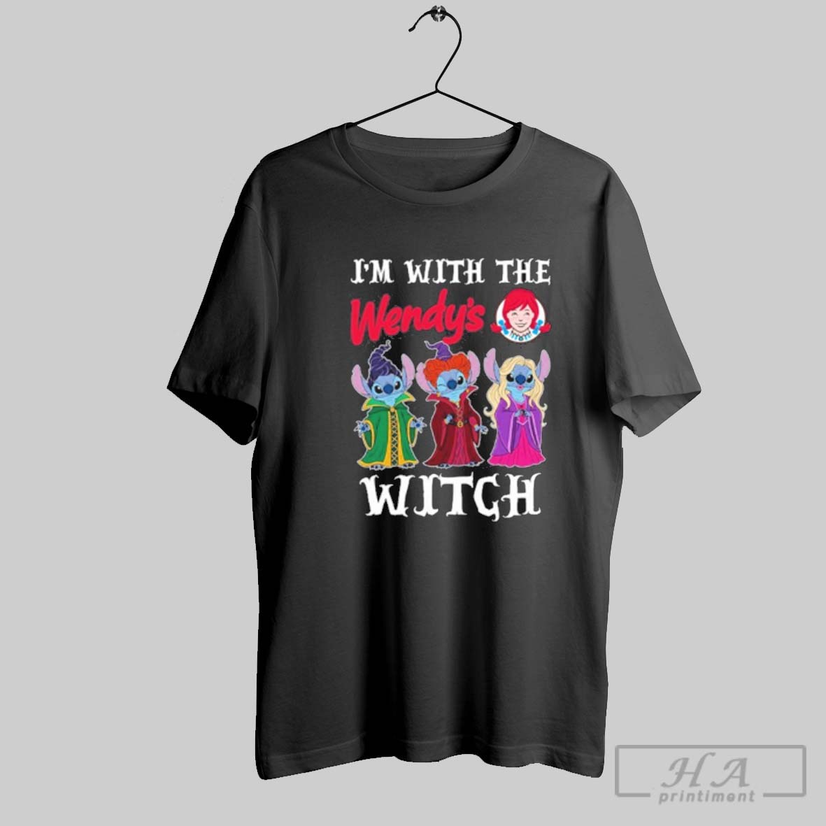Official Stitch X Sanderson Sisters Im With The Wendys Logo Witch Halloween Tee Shirt