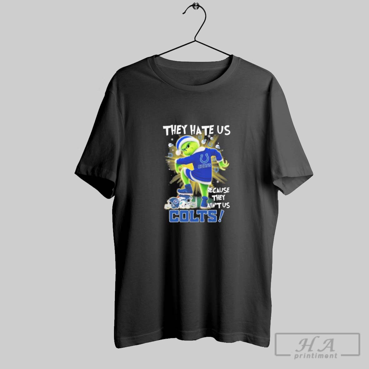 Official They Hate Us Cause They Aint Us Grinch Indianapolis Colts Stomp On Broncos Titans And Dolphins Tee Shirt