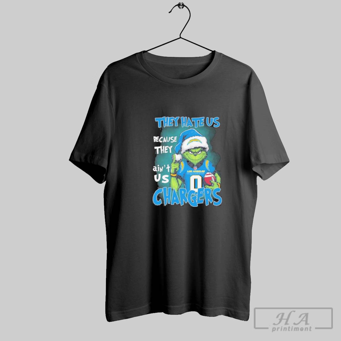 Official They Hate Us Cause They Aint Us Grinch Los Angeles Chargers Christmas Tee Shirt