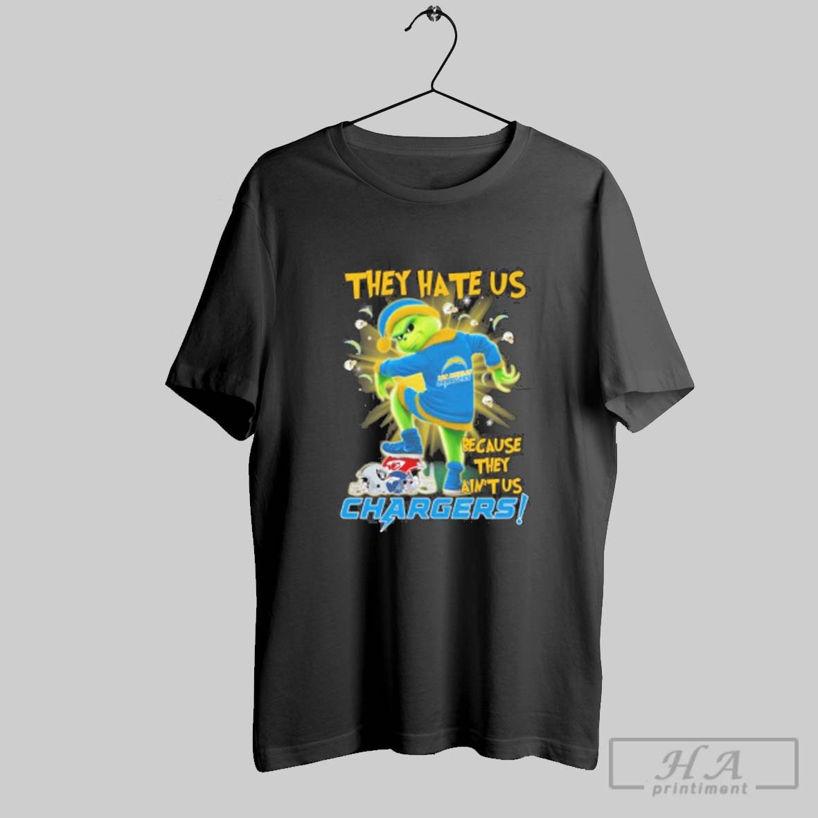 Official They Hate Us Cause They Aint Us Grinch Los Angeles Chargers Stomp On Raiders Chiefs And Broncos Tee Shirt