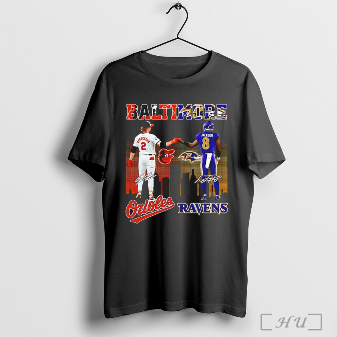 Officials Gunnar Henderson Baltimore Orioles And Lamar Jackson Baltimore Ravens Signature T Shirt Black T Shirt Sweatshirt