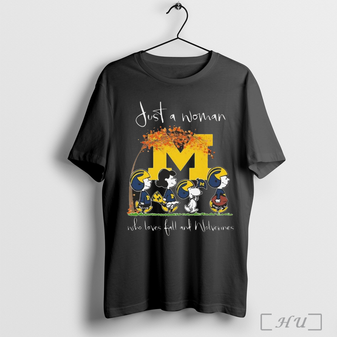 Officials Peanuts Just A Woman Who Loves Fall And Michigan Wolverines T Shirt Sweatshirt