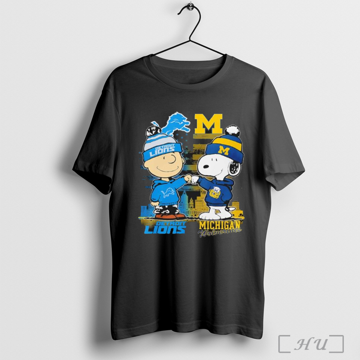 Officials Peanuts Snoopy Fist Bump Charlie Brown Detroit Lions And Michigan Wolverines T Shirt Sweatshirt