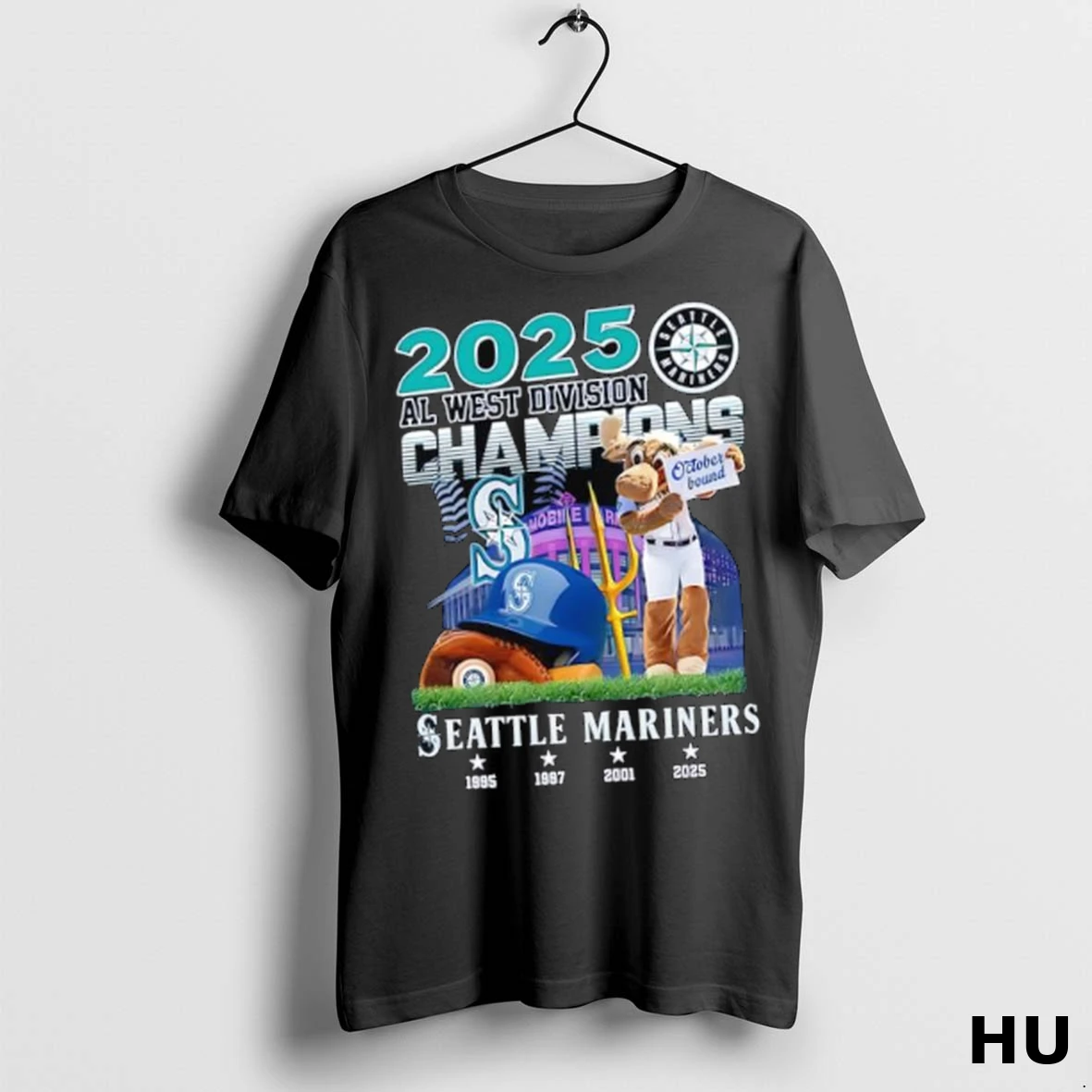 Officials Seattle Mariners 2025 Al West Division Champs Mariner Moose Mascot Logo T Shirt Sweatshirt