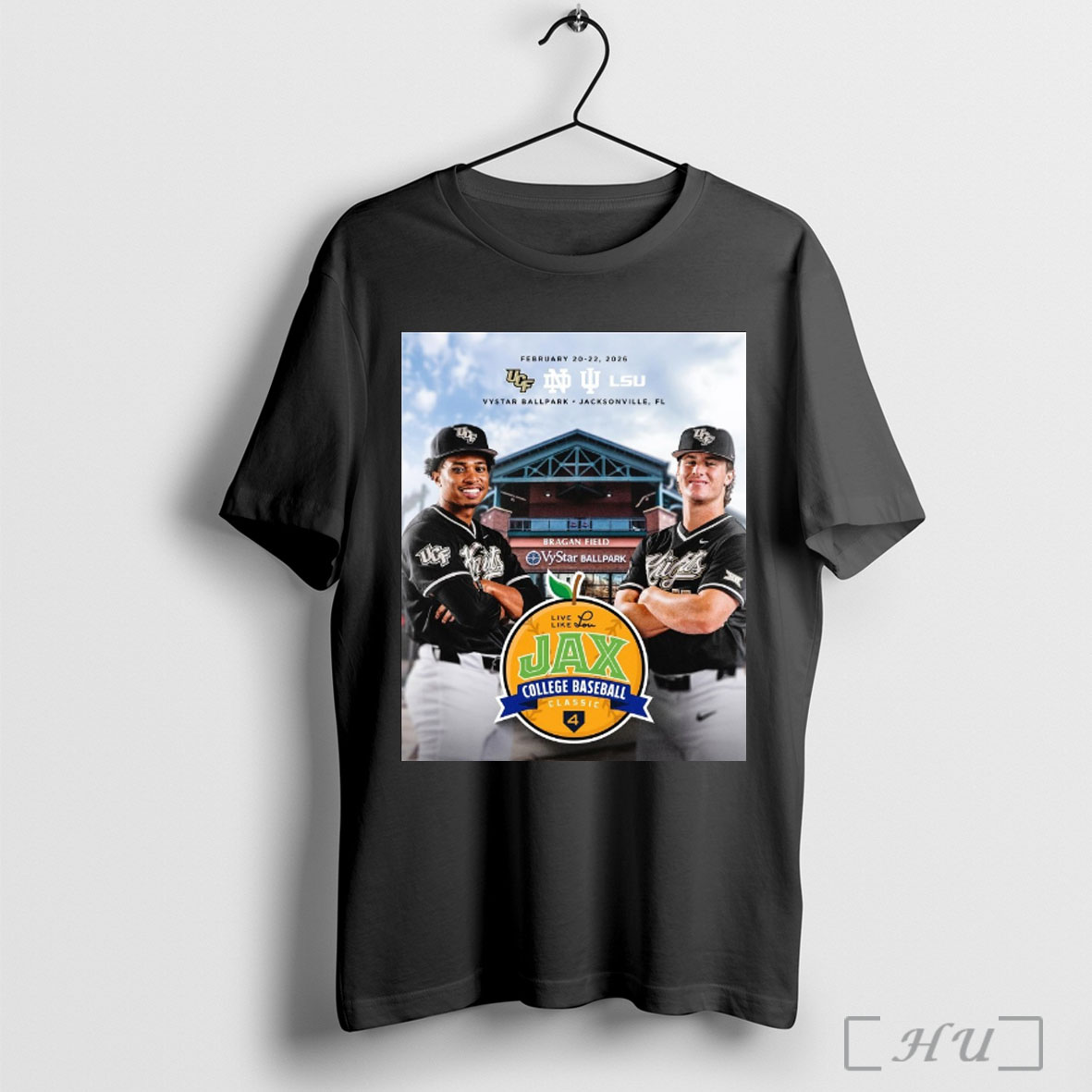 Officials Ucf Notre Dame Iu And Lsu 2026 Live Like Lou Jax College Baseball Classic At Vystar Ballpark In Jacksonville Florida T Shirt Sweatshirt