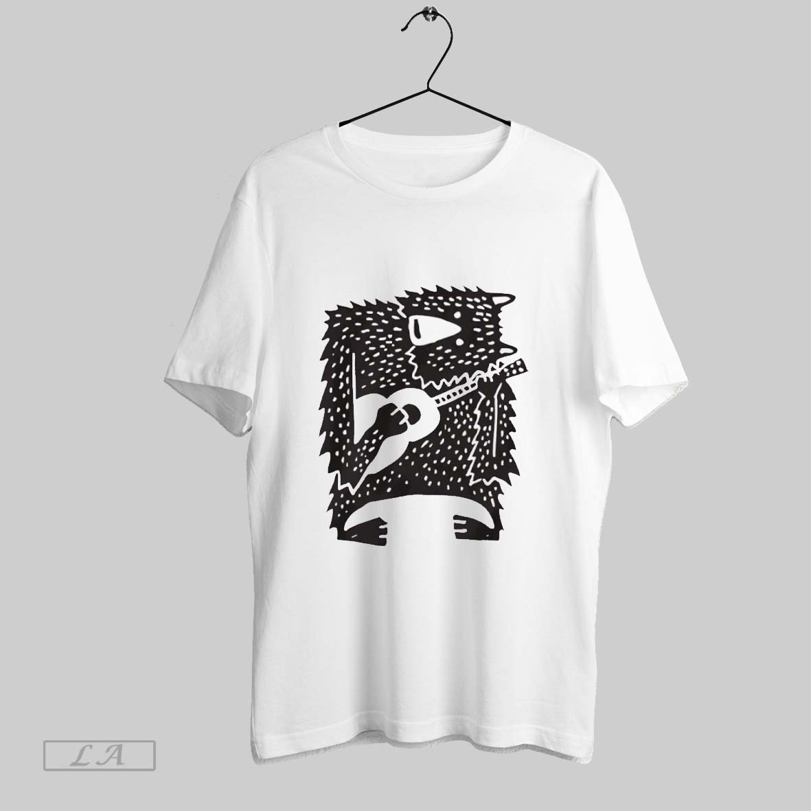 Original Bear Playing Guitar Woodcut Style T Shirt
