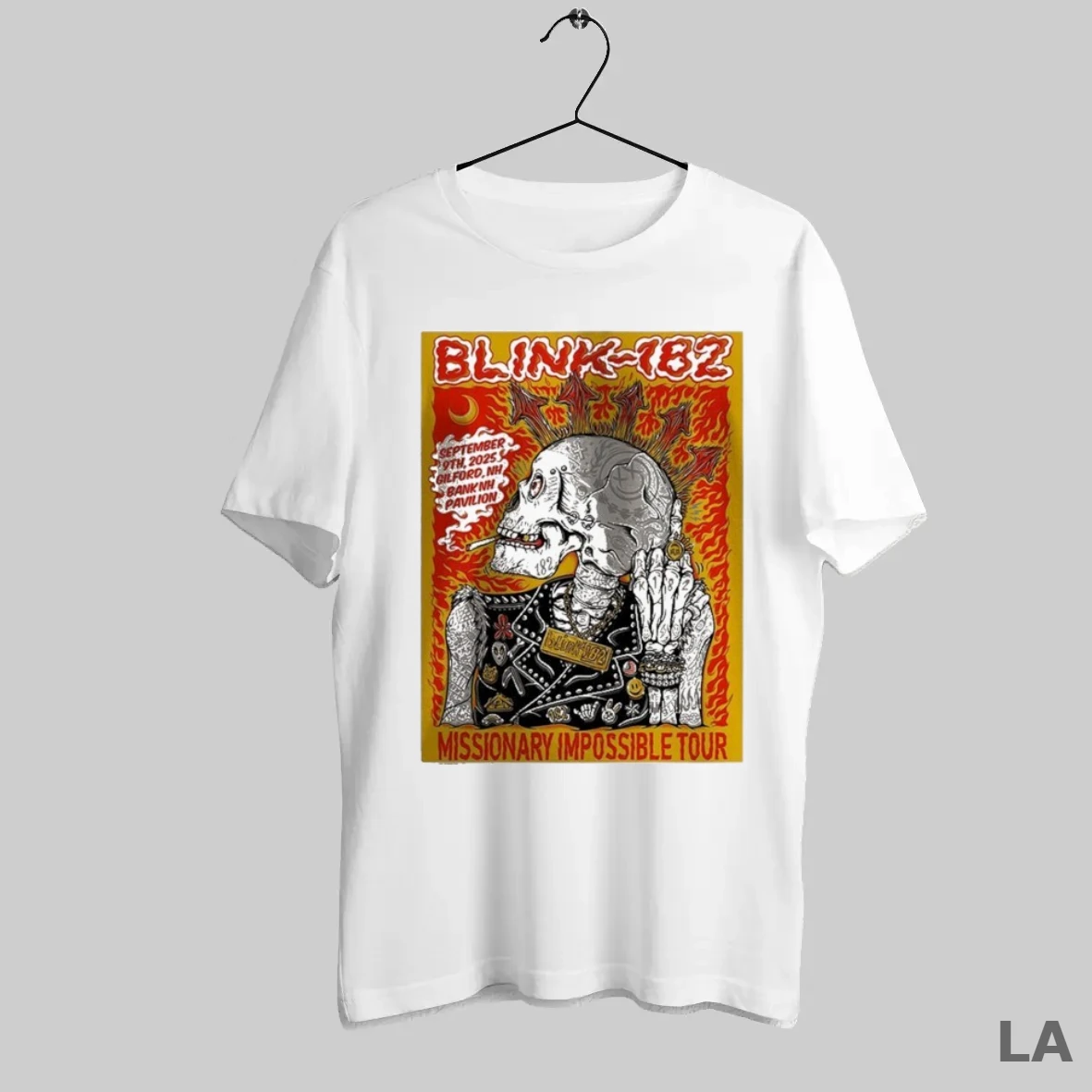 Original Blink 182 Music At Bank Nh Pavilion In Gilford New Hampshire September 9 2025 Missionary Impossible Tour Skeleton T Shirt