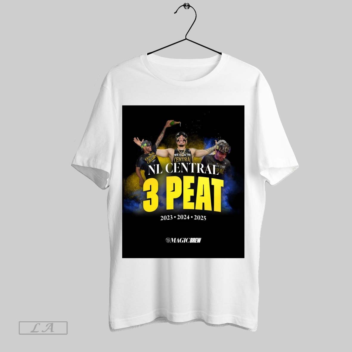 Original Milwaukee Brewers Freddy Peralta William Contreras And Christian Yelich Nl Central 3 Peat 2023 2025 Shirt