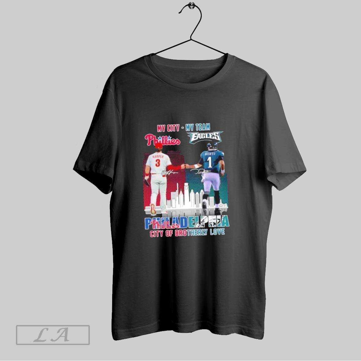 Original My City My Team Philadelphia Sports Harper Phillies X Hurts Eagles City Of Brotherly Love Skyline Shirt