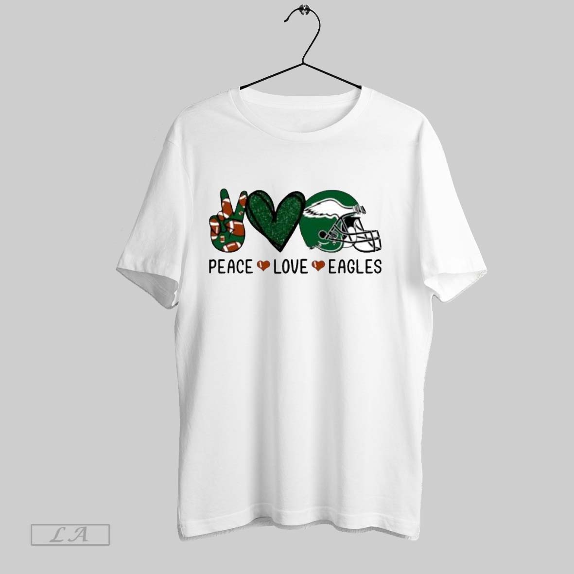 Original Peace Love Eagles Glitter Football Helmet And Hand Sign Posters White Shirt