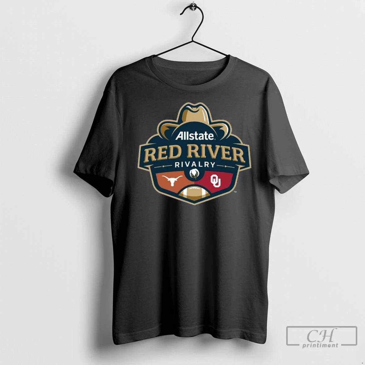 Premium Oklahoma Sooners Vs Texas Longhorns Ncaa Allstate Red River Rivalry October 11 2025 Logo T Shirt
