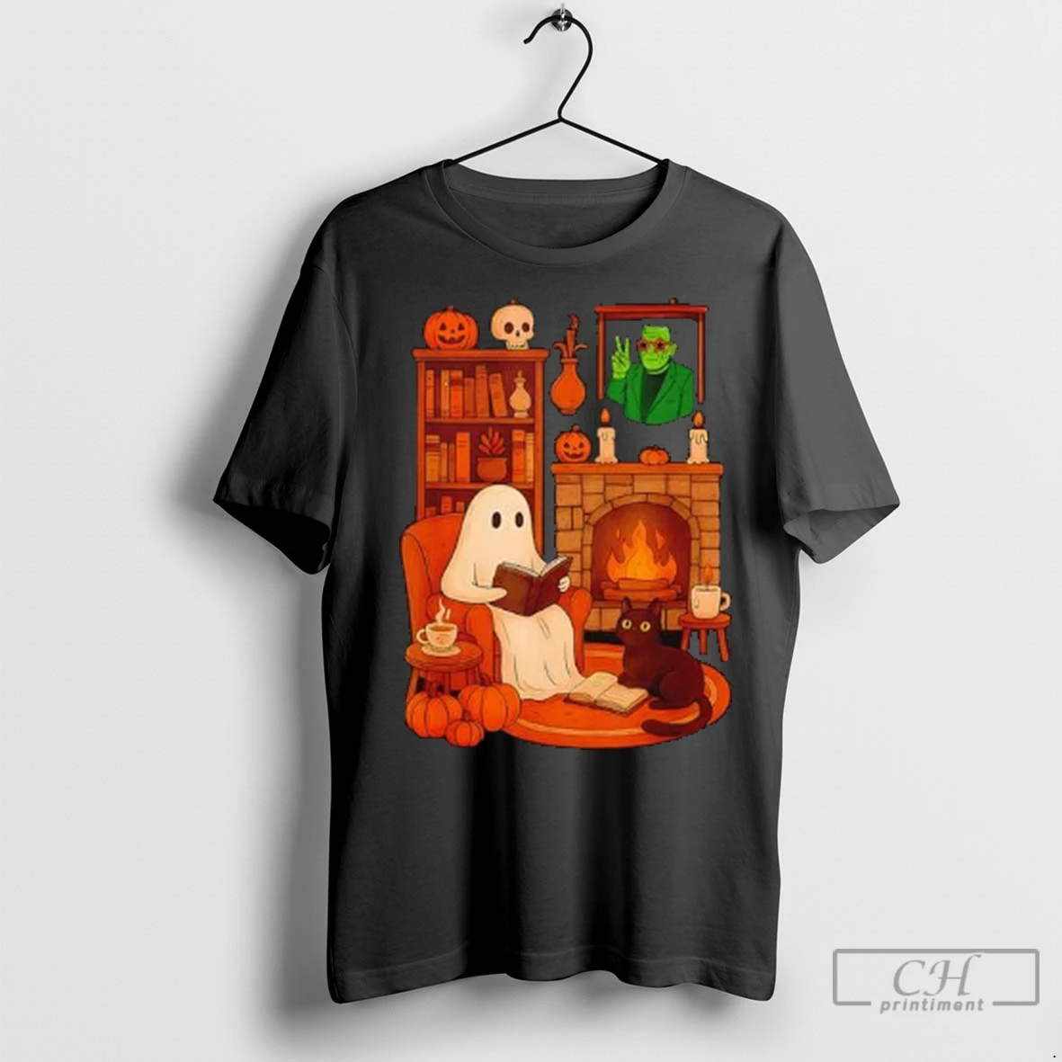 Premium Retro Halloween Cozy Ghost Reading Book By 90s Frankenstein Ladies T Shirt
