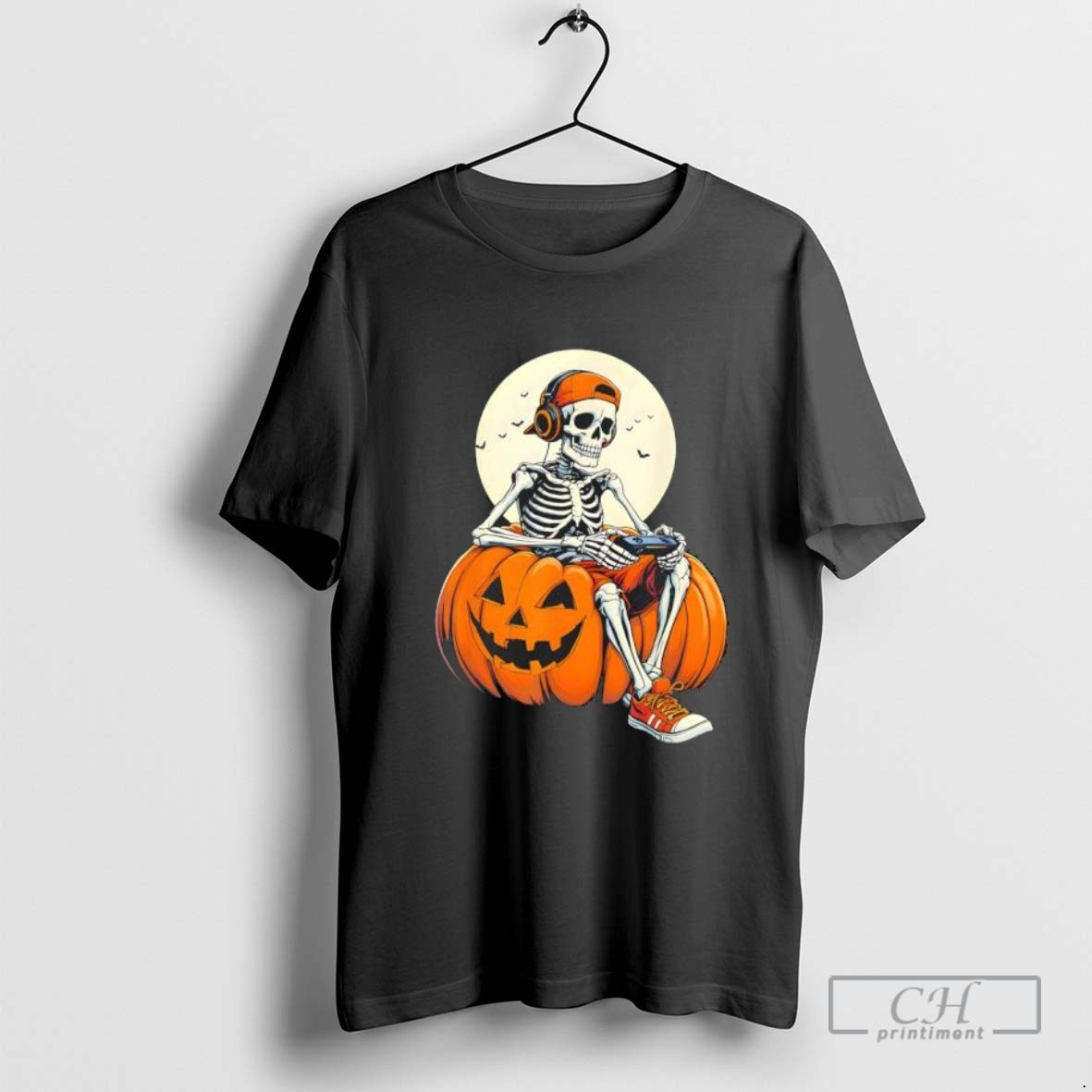 Spooky Pumpkin Skeleton Gamer Halloween T Shirt