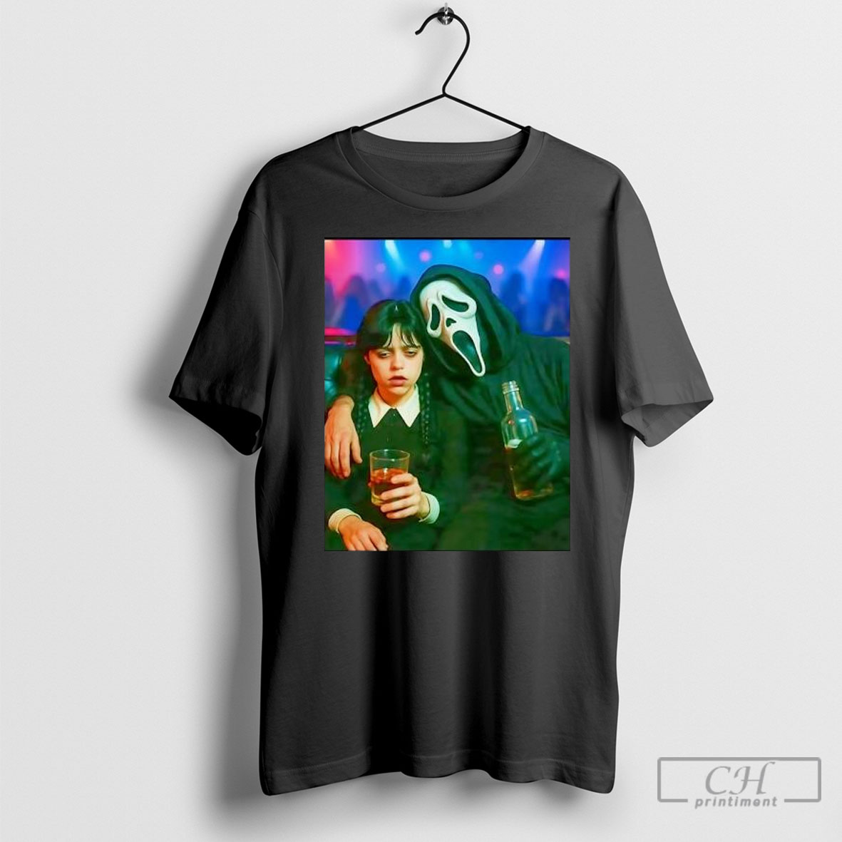 Wednesday Season 2 Addams And Ghostface Scream Character Drinking Jenna Ortega Horror Parody Club T Shirt