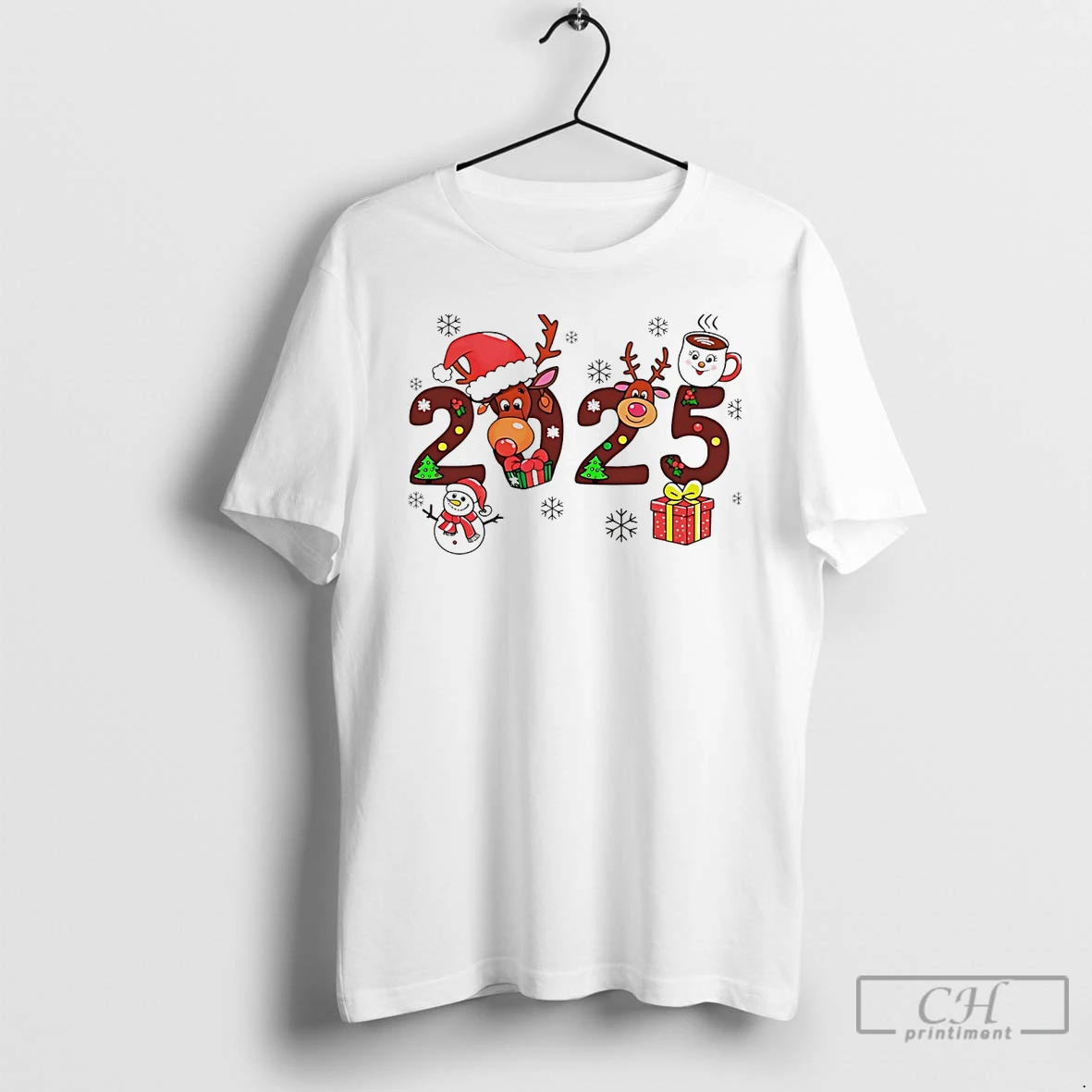 Classic 2025 Reindeer Snowman Christmas Holiday White T Shirts Hoodie