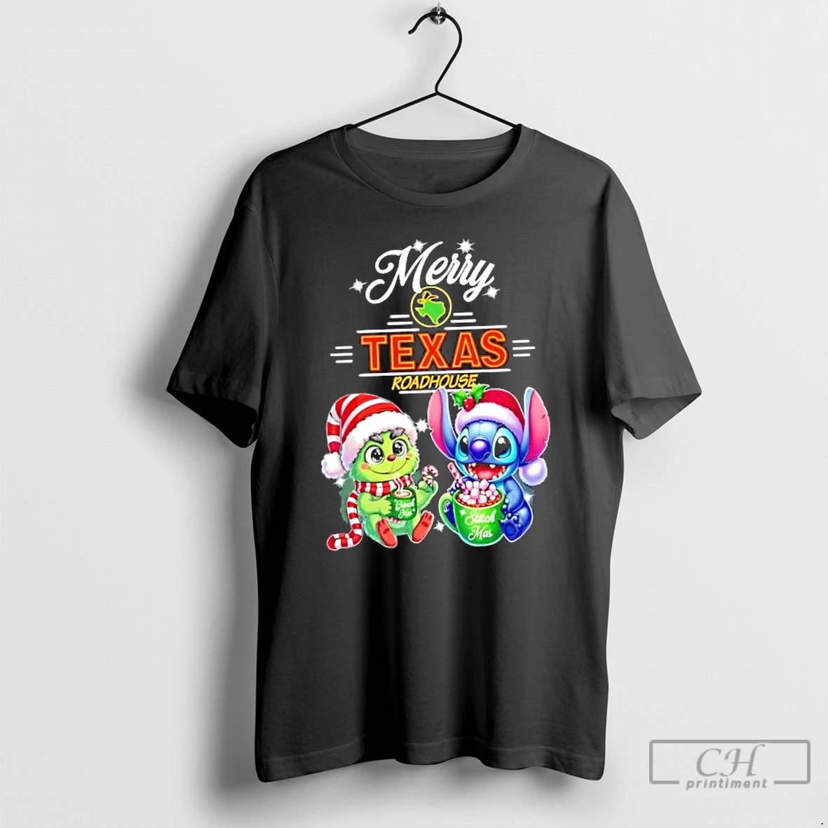 Classic Baby Grinch And Stitch X Texas Roadhouse Merry Christmas T Shirts Hoodie