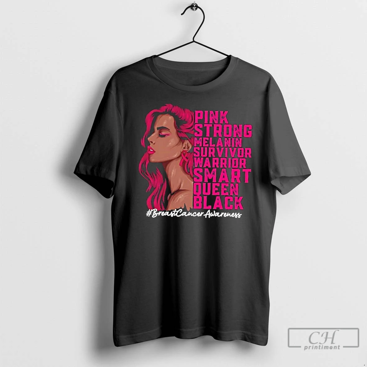 Classic Black Women Queen Strong Survivor Breast Cancer Awareness Pink Ribbon T Shirt