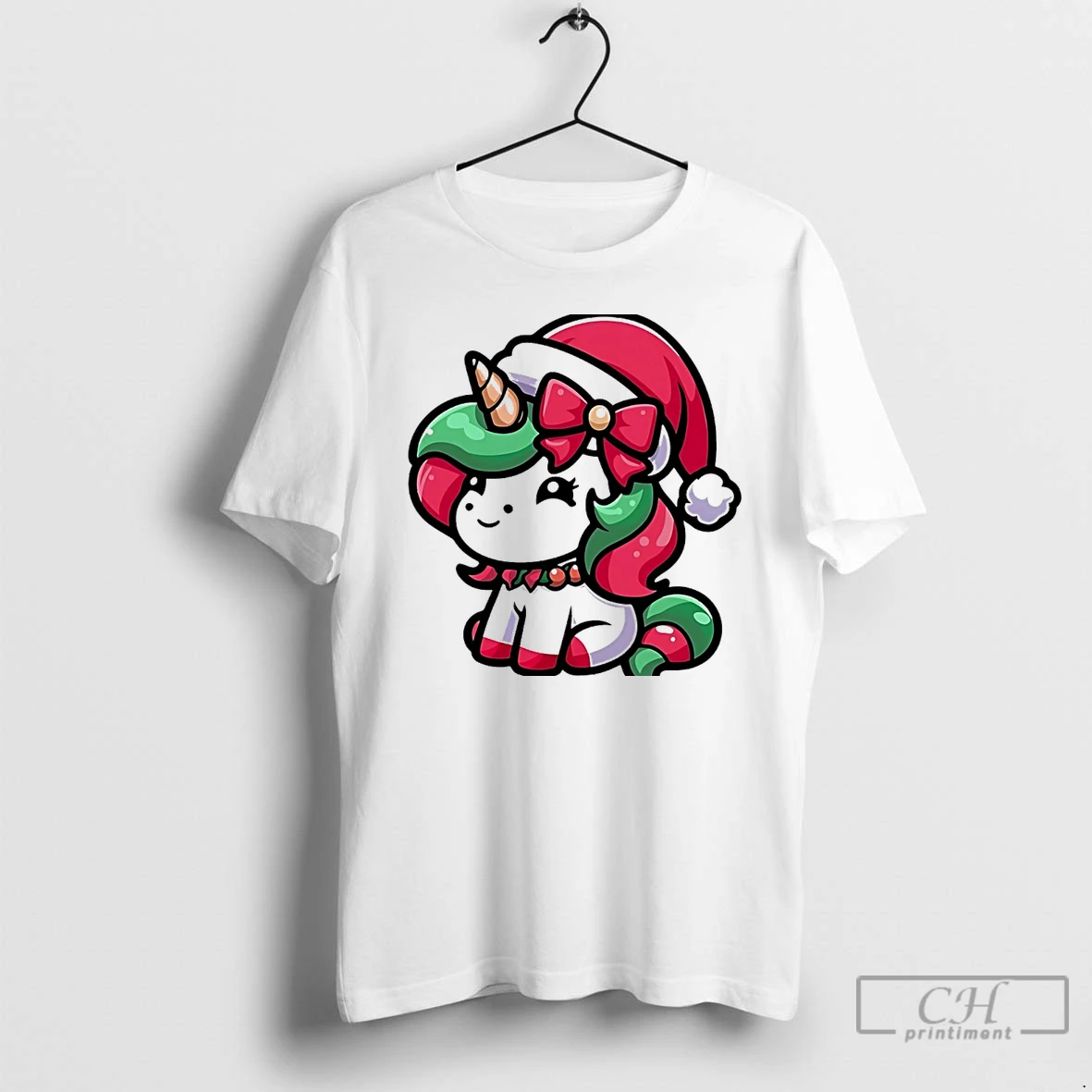 Classic Cute Santa Unicorn Red Bow Christmas White T Shirts Hoodie