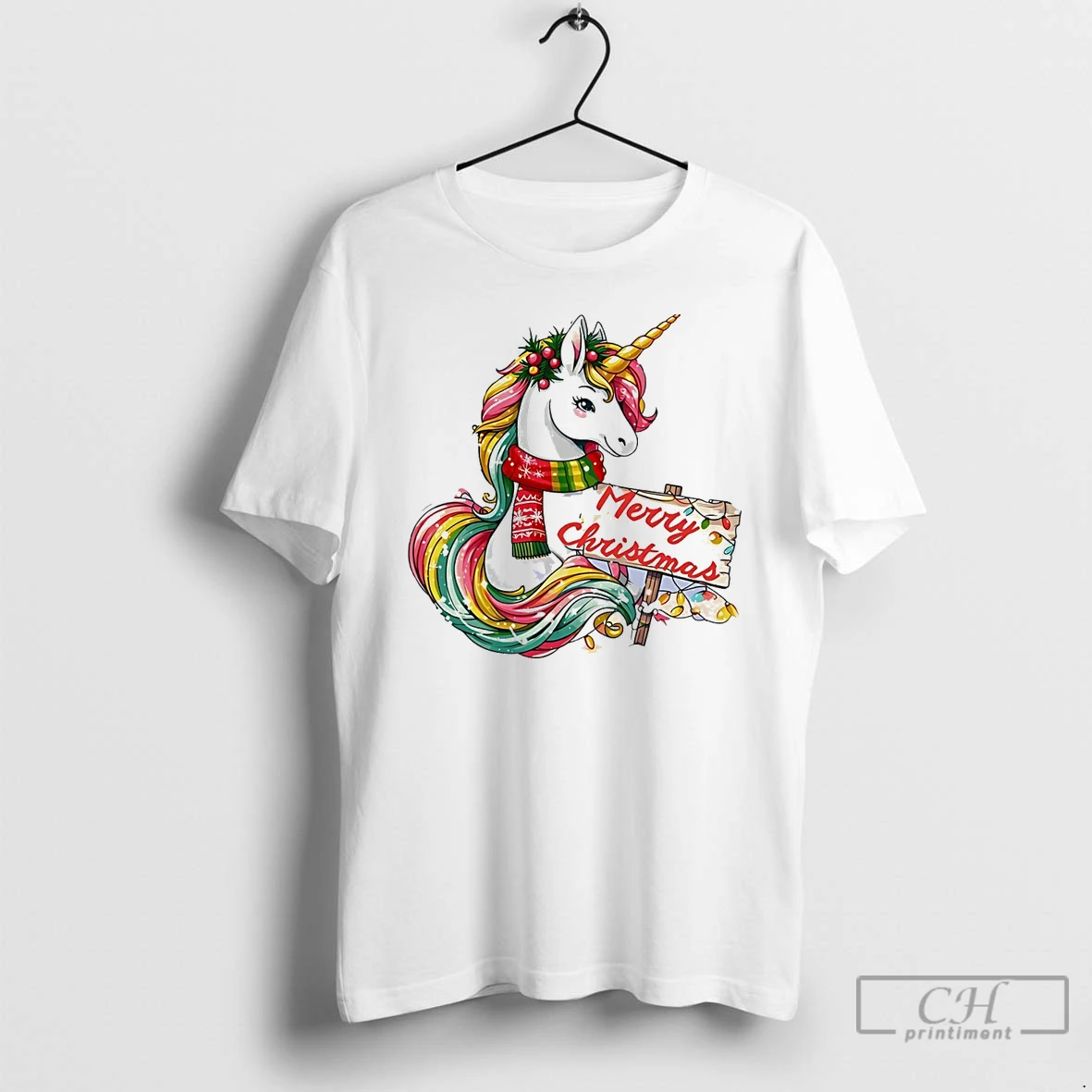 Classic Merry Christmas Rainbow Unicorn Holiday Lights White T Shirts Hoodie