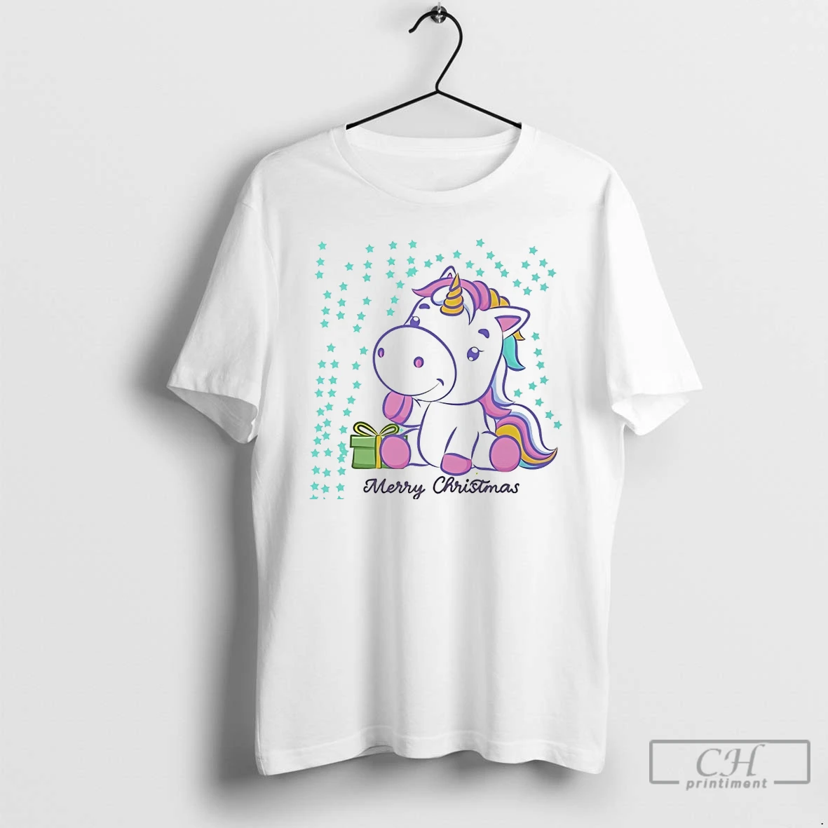 Classic Merry Christmas Unicorn Gift Box Stars White T Shirts Hoodie