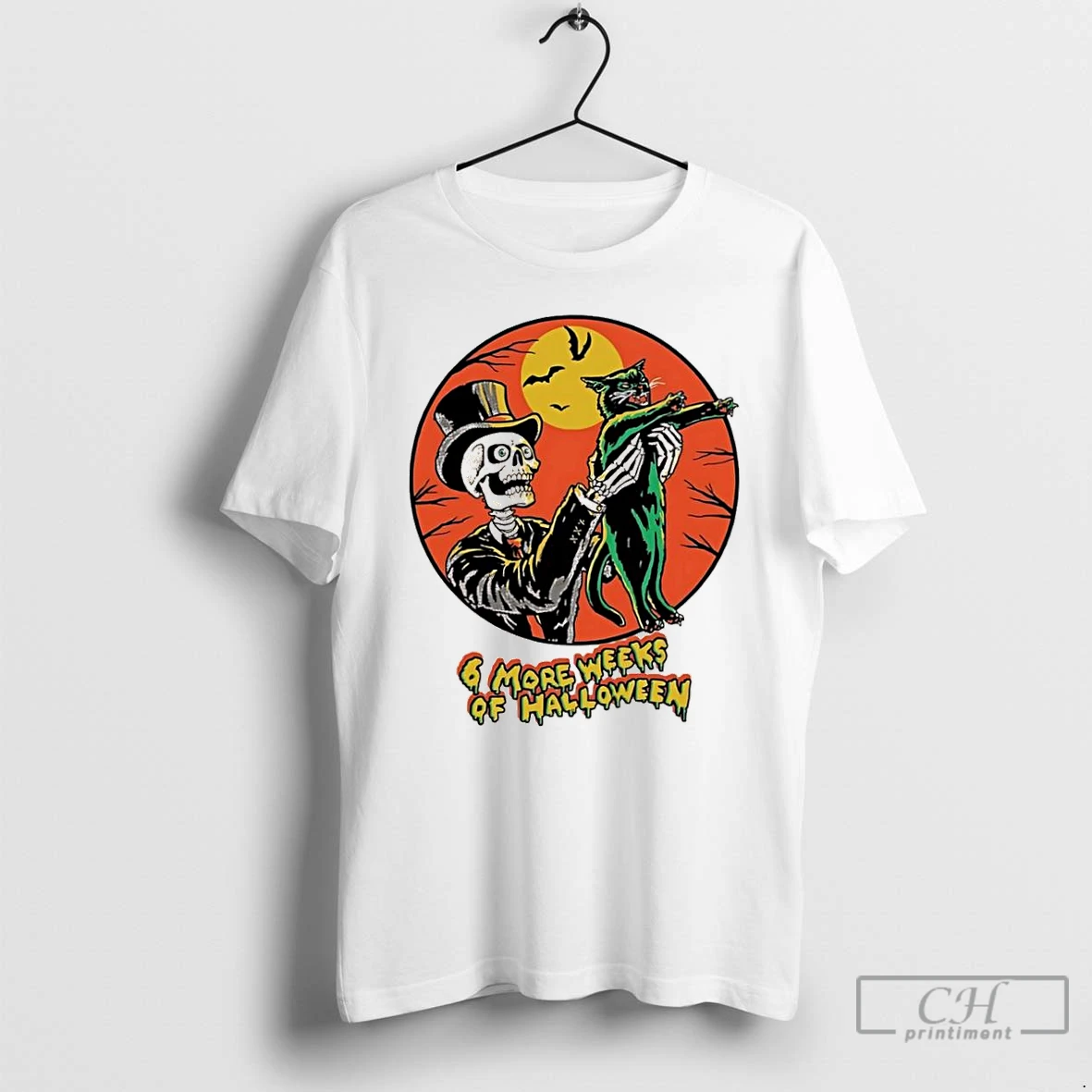 Classic Skeleton Holding Black Cat 6 More Weeks Of Halloween T Shirts Hoodie
