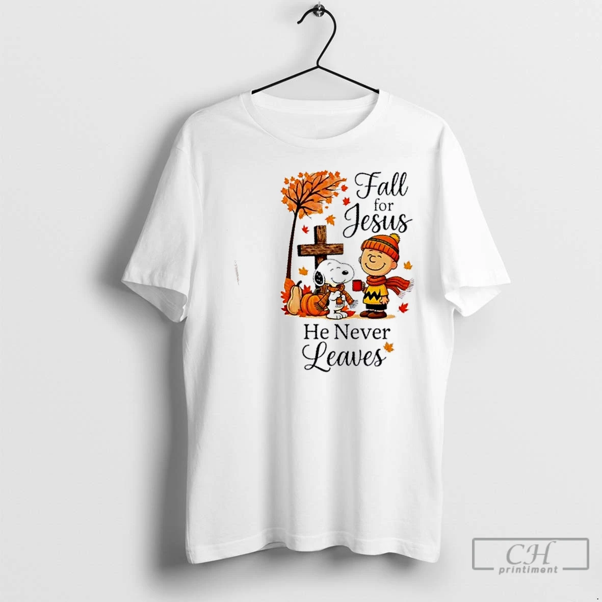 Classic Snoopy X Charlie Brown Fall For Jesus He Never Leaves T Shirt