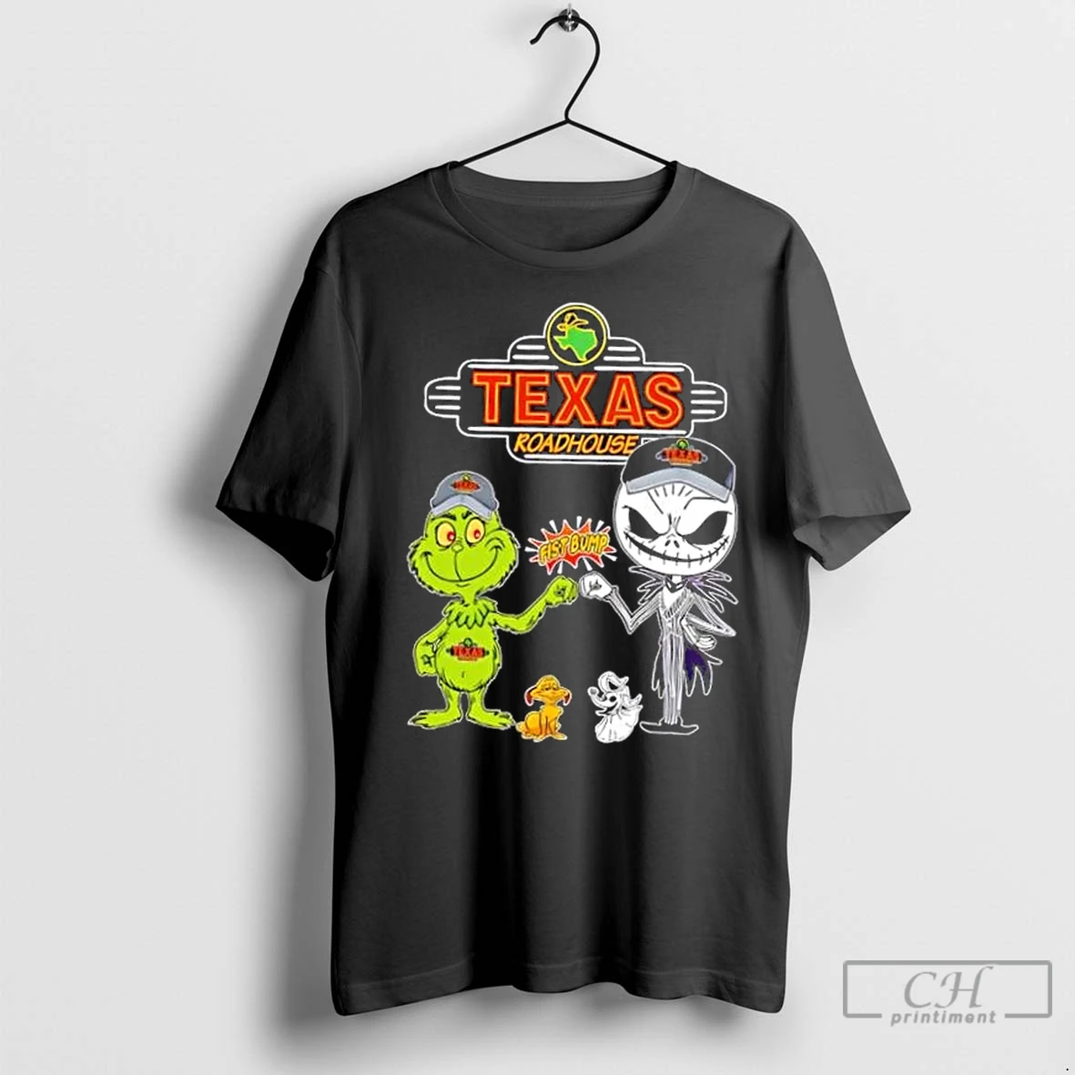 Classic Texas Roadhouse X Grinch And Jack Skellington Fist Bump Uniwilling Friends T Shirt