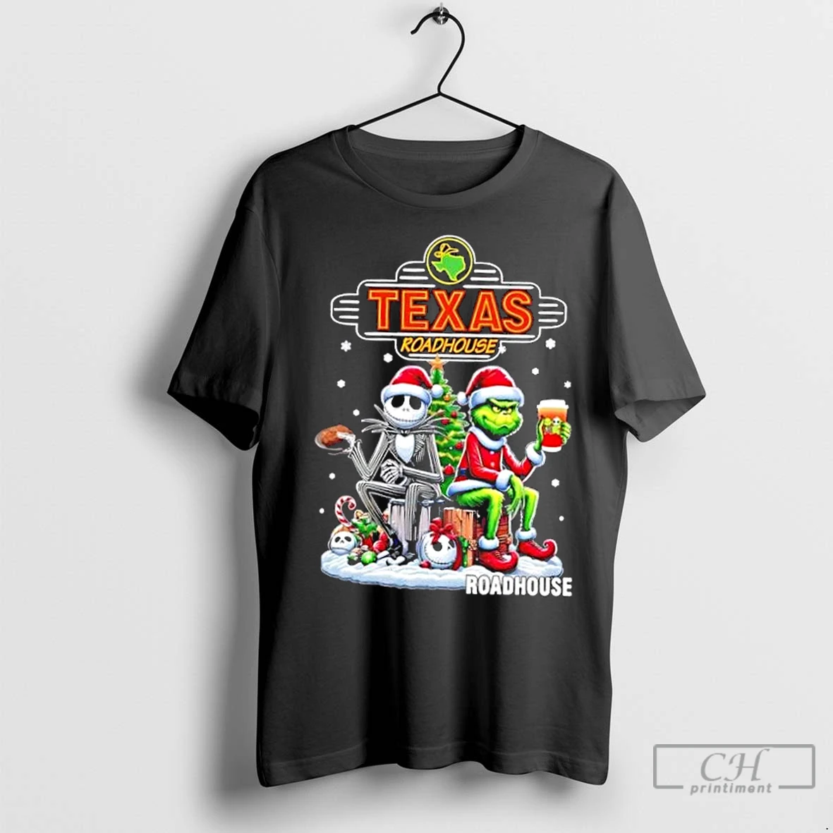 Classic Texas Roadhouse X Grinch And Jack Skellington Unwilling Friends Merry Christmas T Shirt