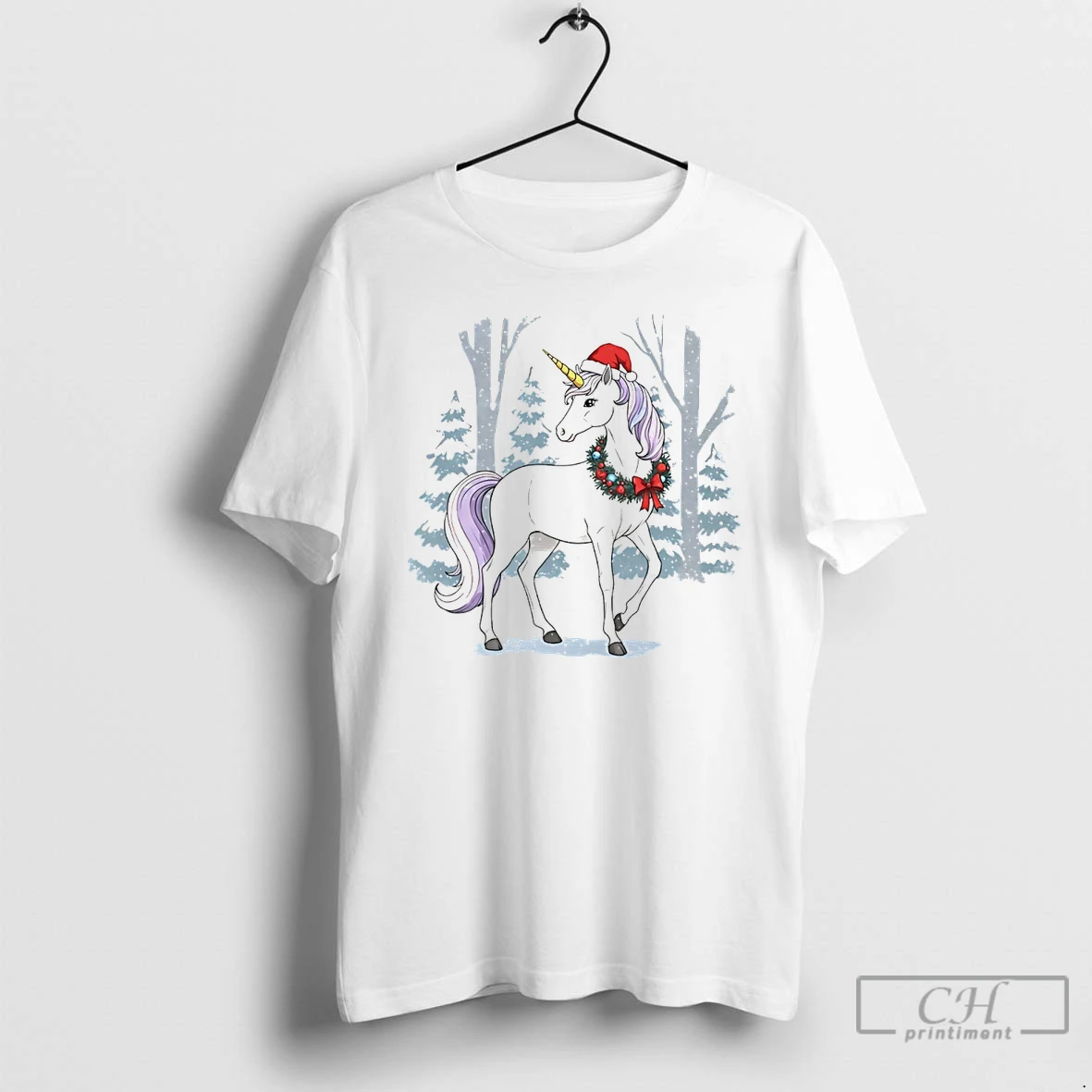 Classic Unicorn Wreath Winter Forest Christmas White T Shirts Hoodie