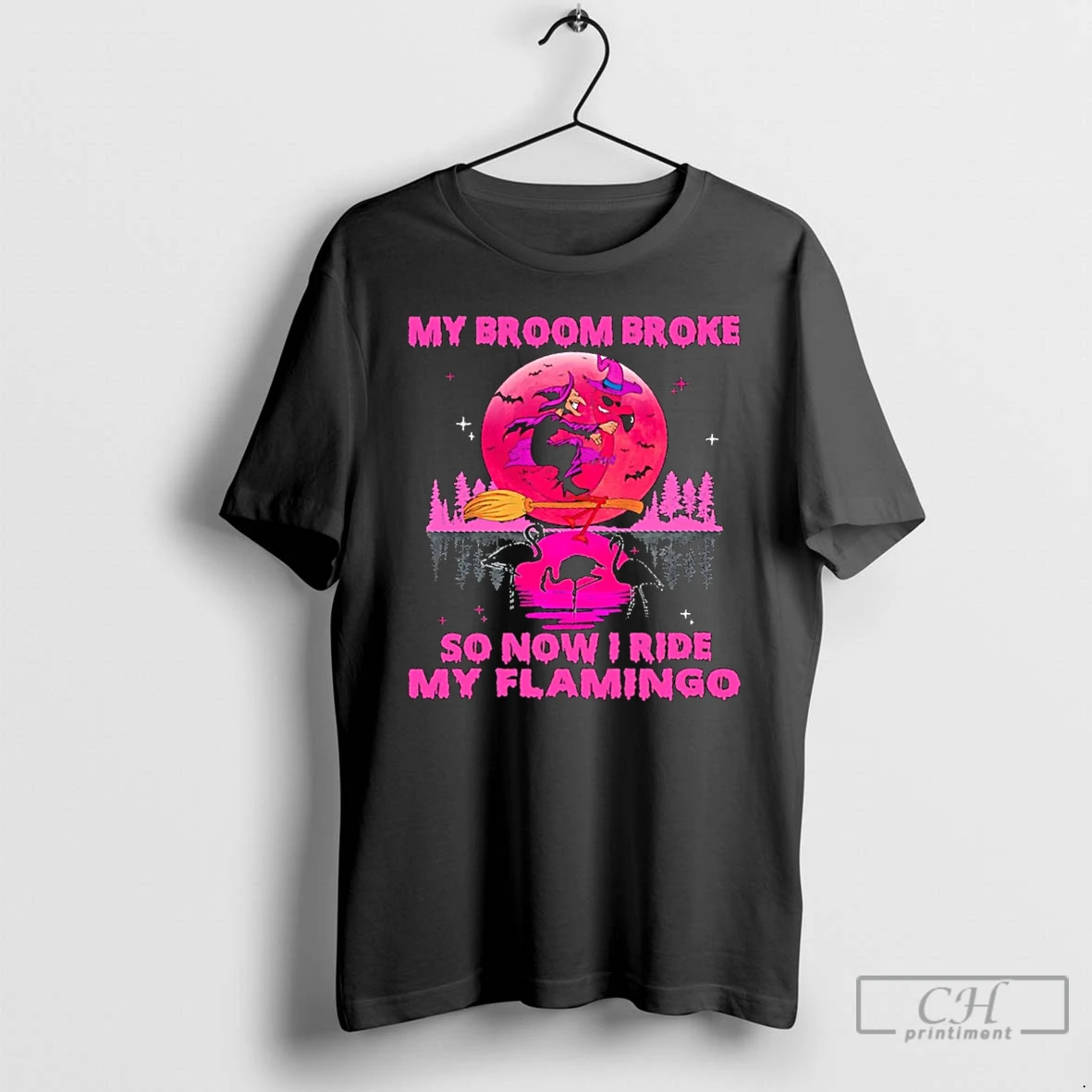 Classic Witch My Broom Broke So Now I Ride My Flamingo Halloween T Shirts Hoodie