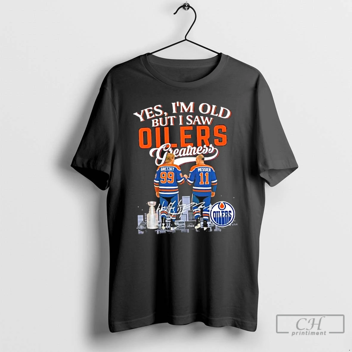 Classic Yes Im Old But I Saw Edmonton Oilers Gretzky And Messier Skyline Signatures T Shirts Hoodie Longsleeve
