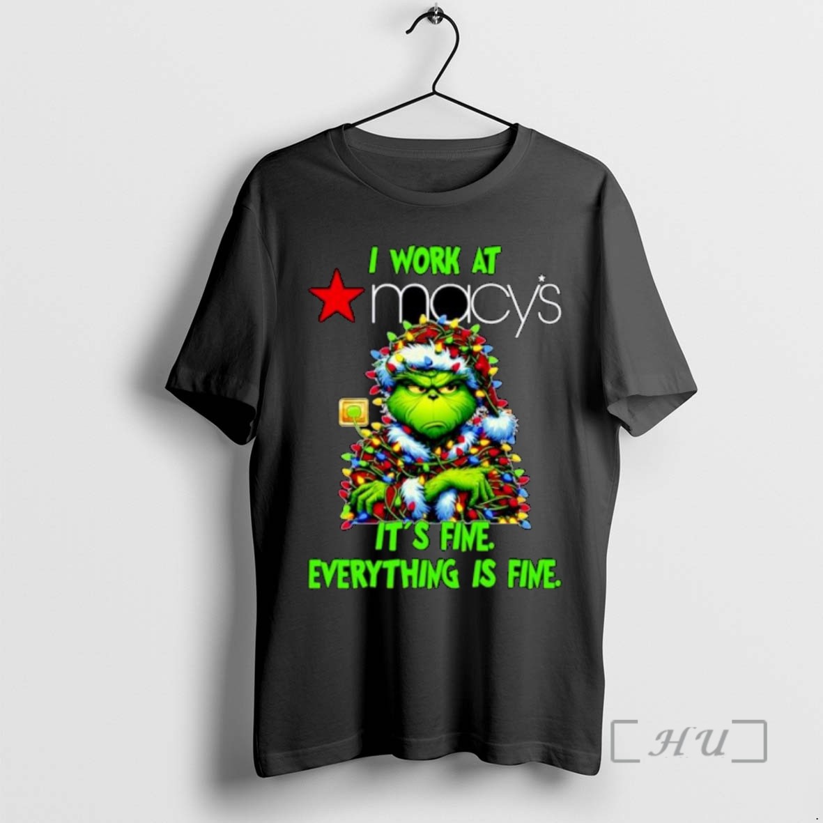 Limited Edition Grinch Santa I Work At Macys Its Fine Everything Is Fine Christmas Lights Ornaments Tee Shirt Sweater Hoodie