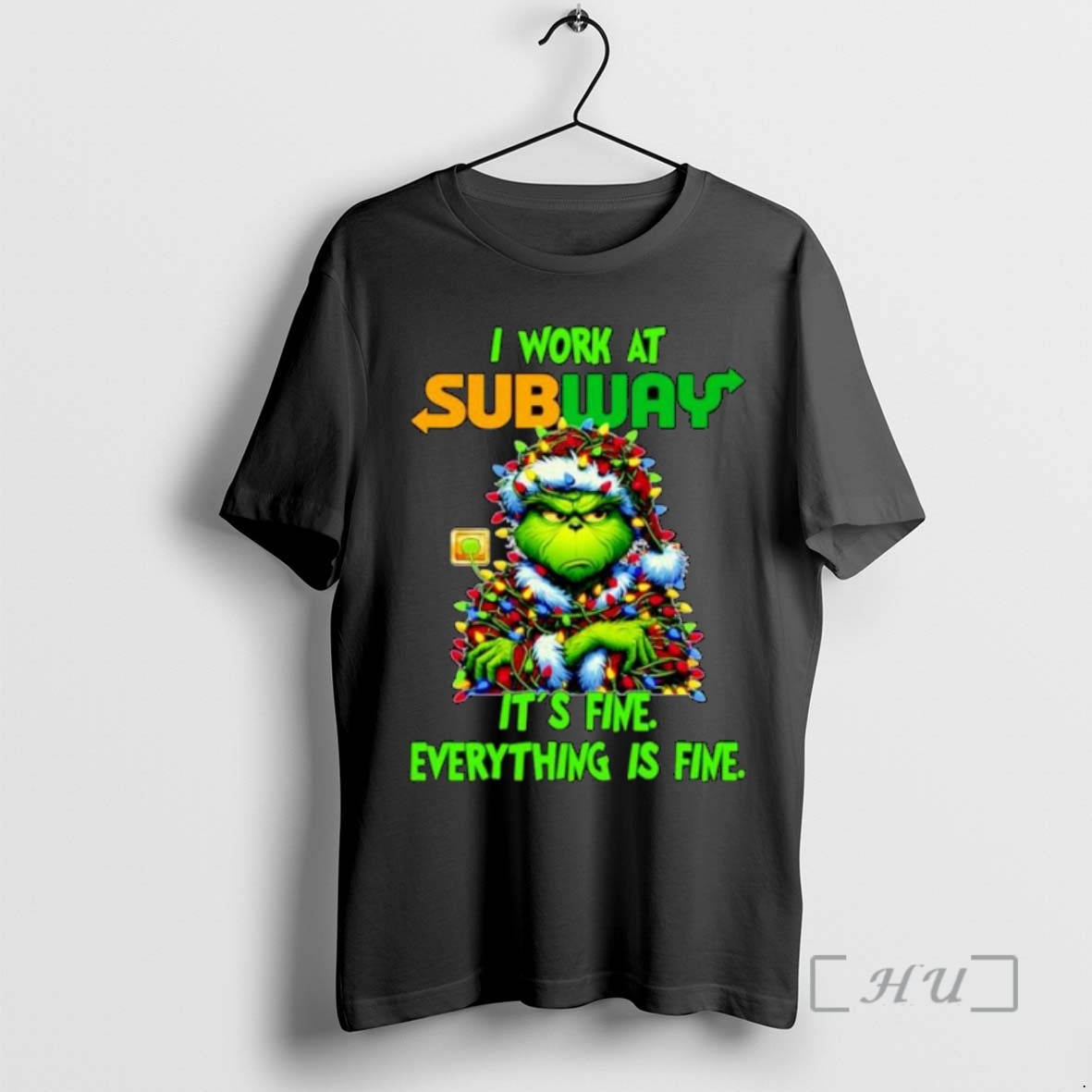 Limited Edition Grinch Santa I Work At Subway Its Fine Everything Is Fine Christmas Lights Ornaments Tee Shirt Sweater Hoodie