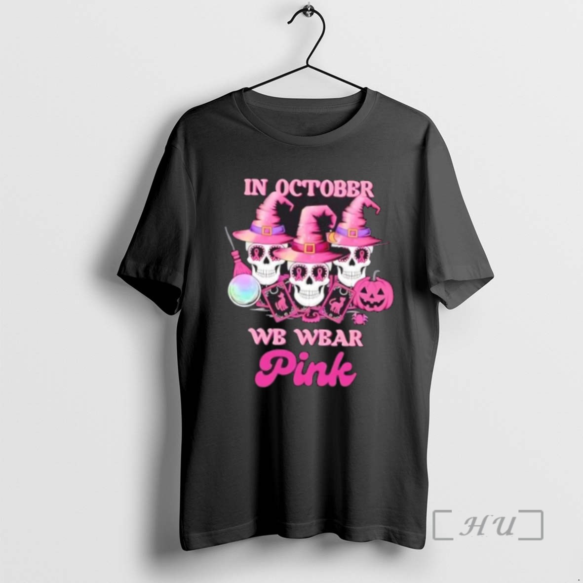 Limited Edition In October We Wear Pink Witches Skull Awareness Breast Cancer Halloween Tee Shirt Sweater Hoodie
