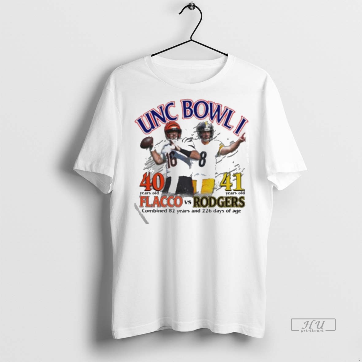 Limited Edition Joe Flacco 40 Years Old Aaron Rodgers 41 Years Old Cincinnati Bengals Vs Pittsburgh Steelers Unc Bowl I Combined 82 Years And 226 Day Of Age Tee Shirt Sweater Hoodie